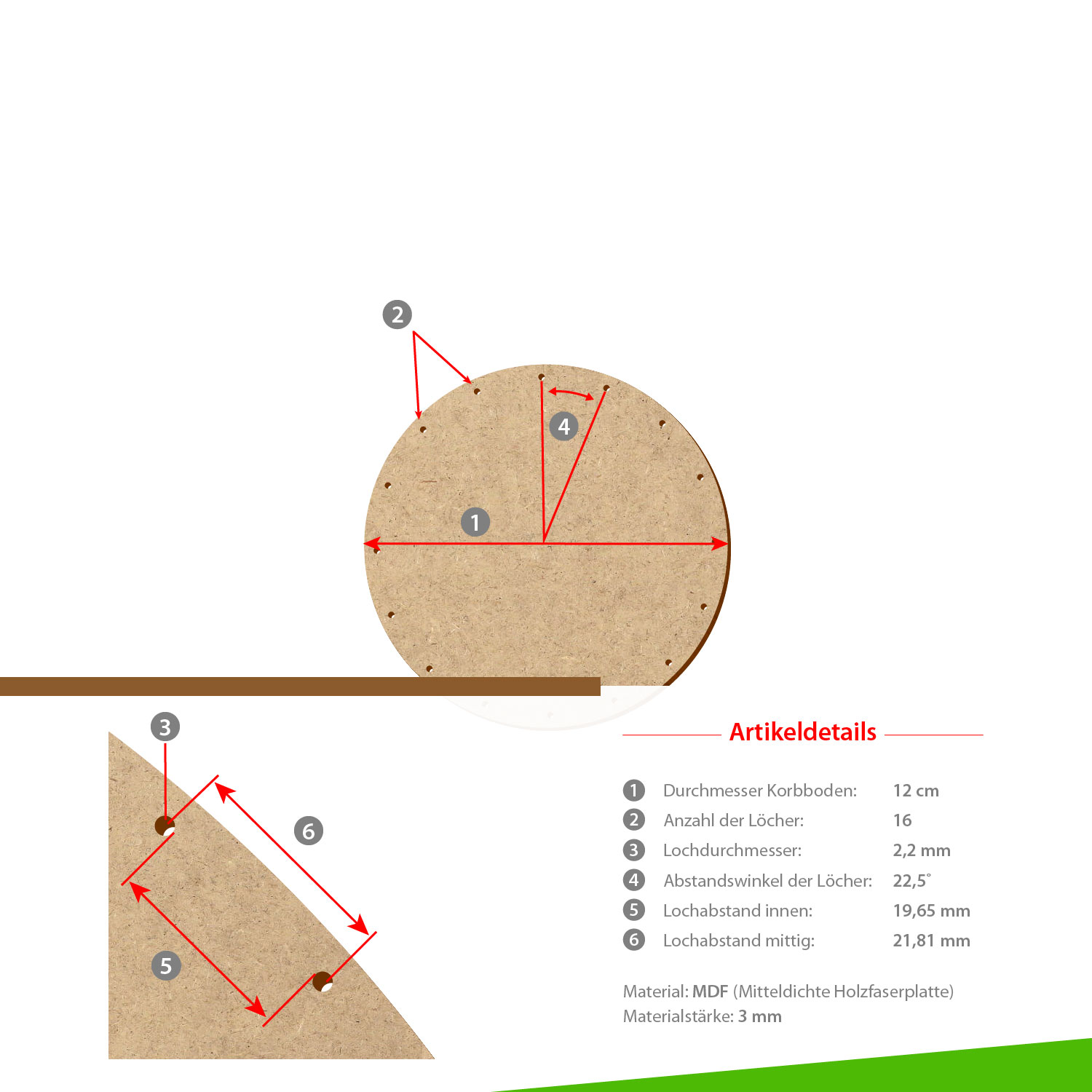 MDF Korbboden rund 12cm Durchmesser 16 Löcher mit Artikeldetails