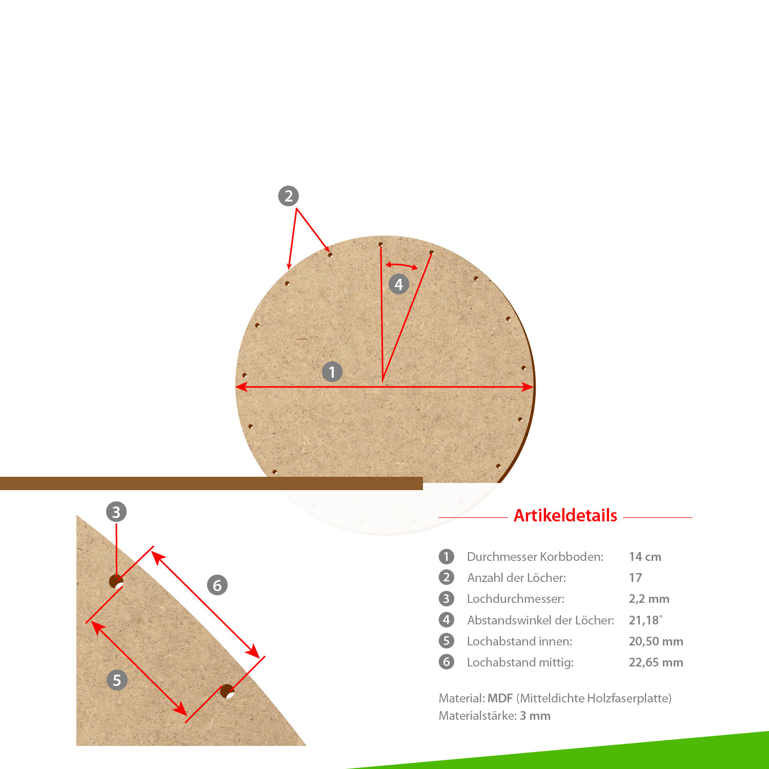 MDF Korbboden rund 14cm Durchmesser 17 Löcher mit Artikeldetails