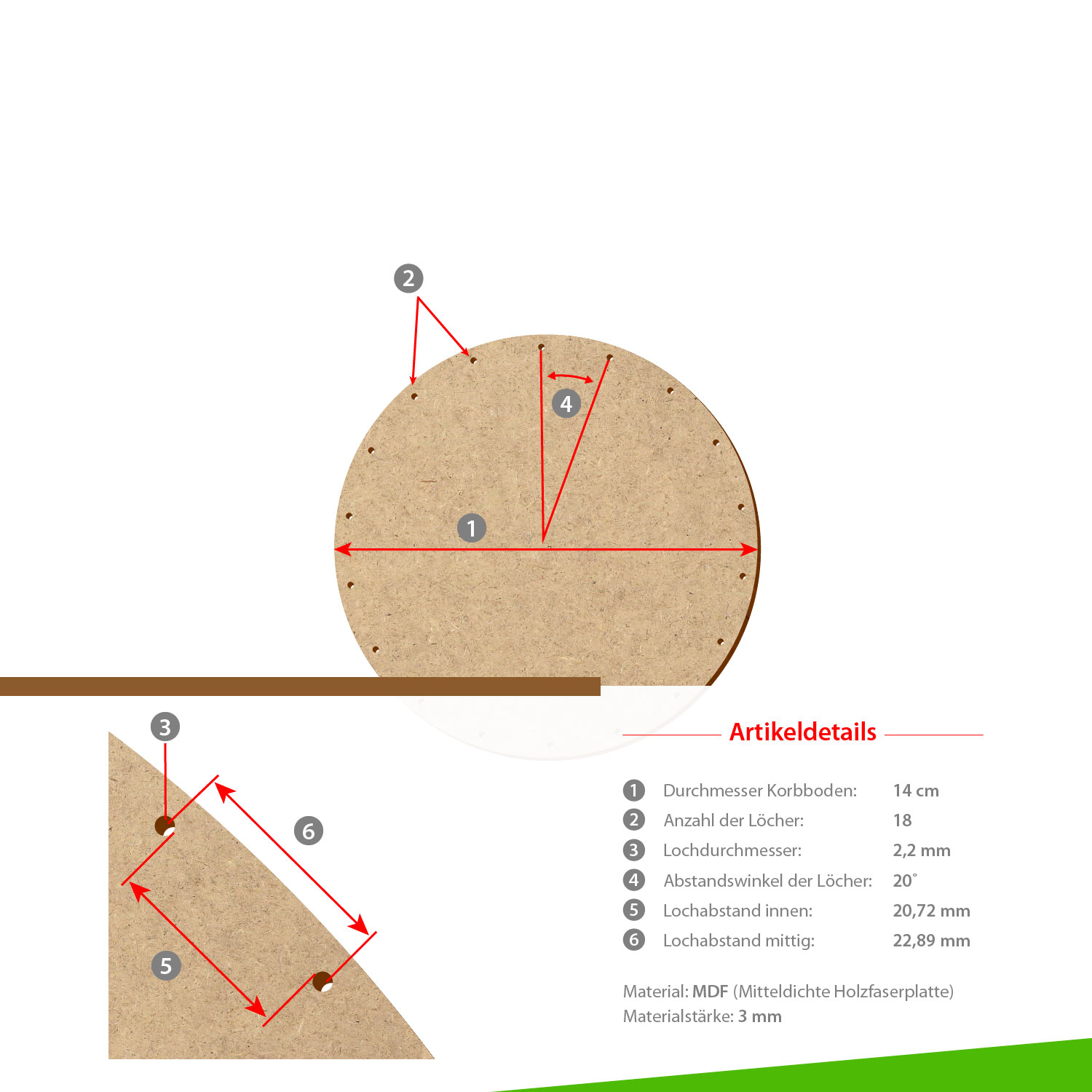 MDF Korbboden rund 14cm Durchmesser 18 Löcher mit Artikeldetails