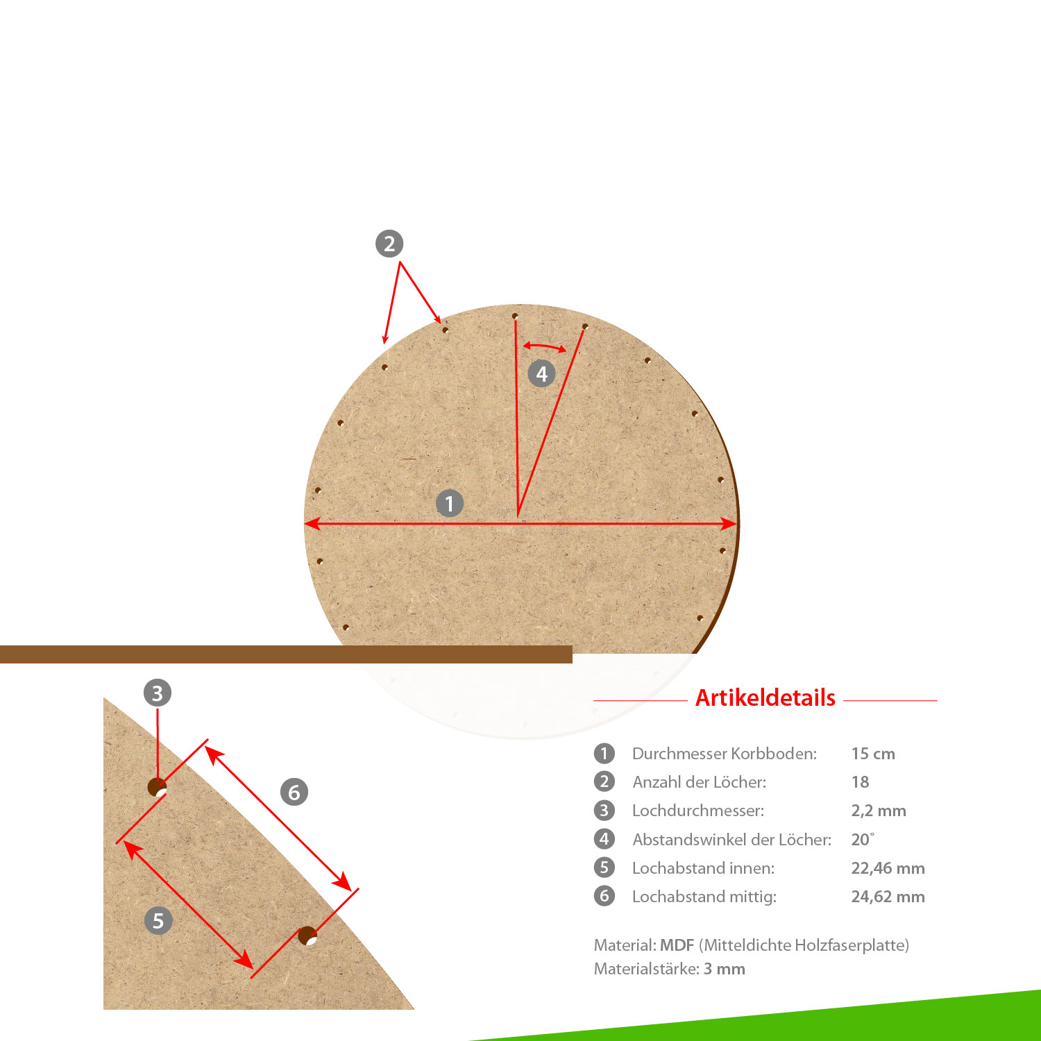 MDF Korbboden rund 15cm Durchmesser 18 Löcher mit Artikeldetails