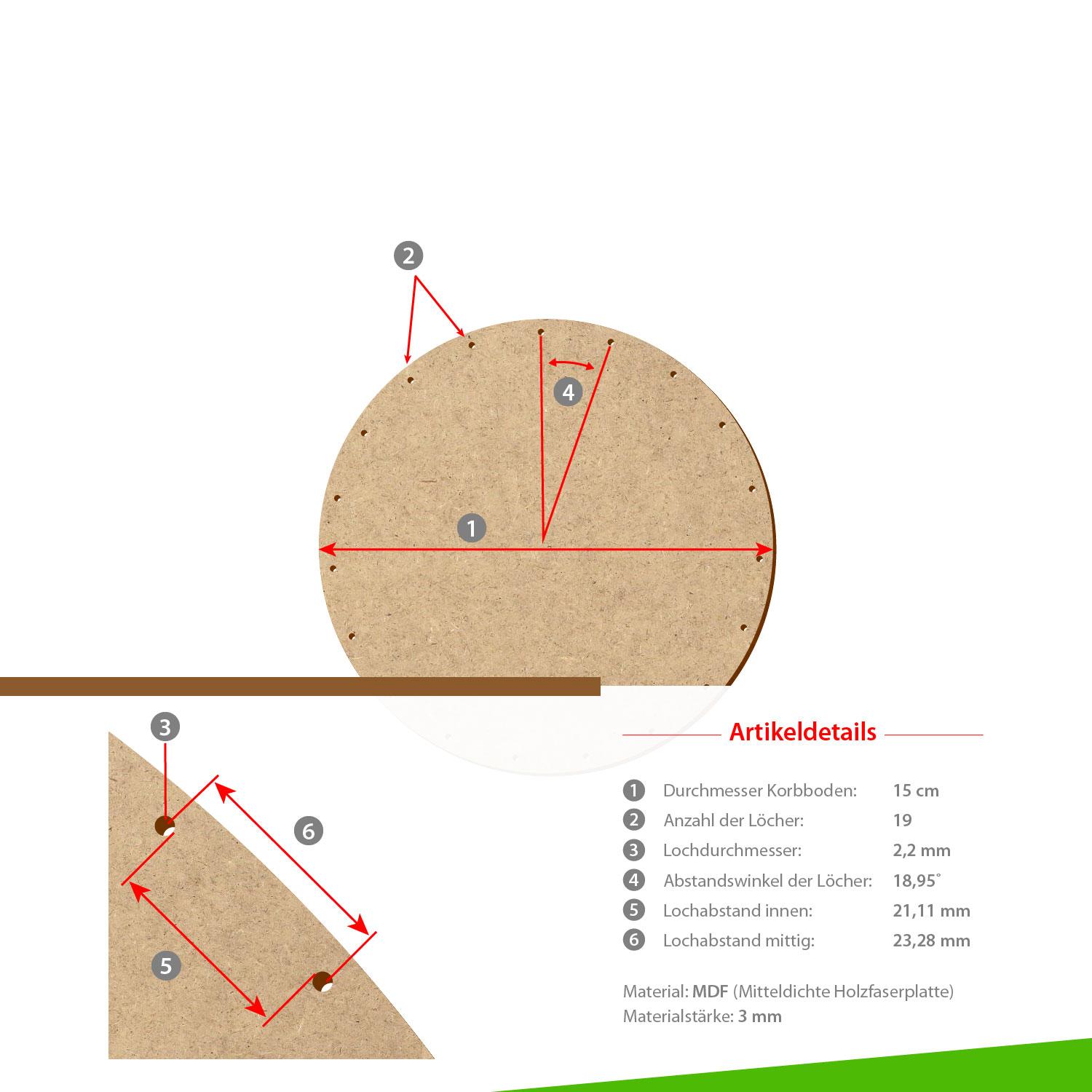 MDF Korbboden rund 15cm Durchmesser 19 Löcher mit Artikeldetails