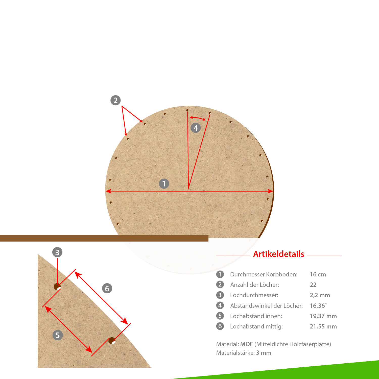 MDF Korbboden rund 16cm Durchmesser 22 Löcher mit Artikeldetails
