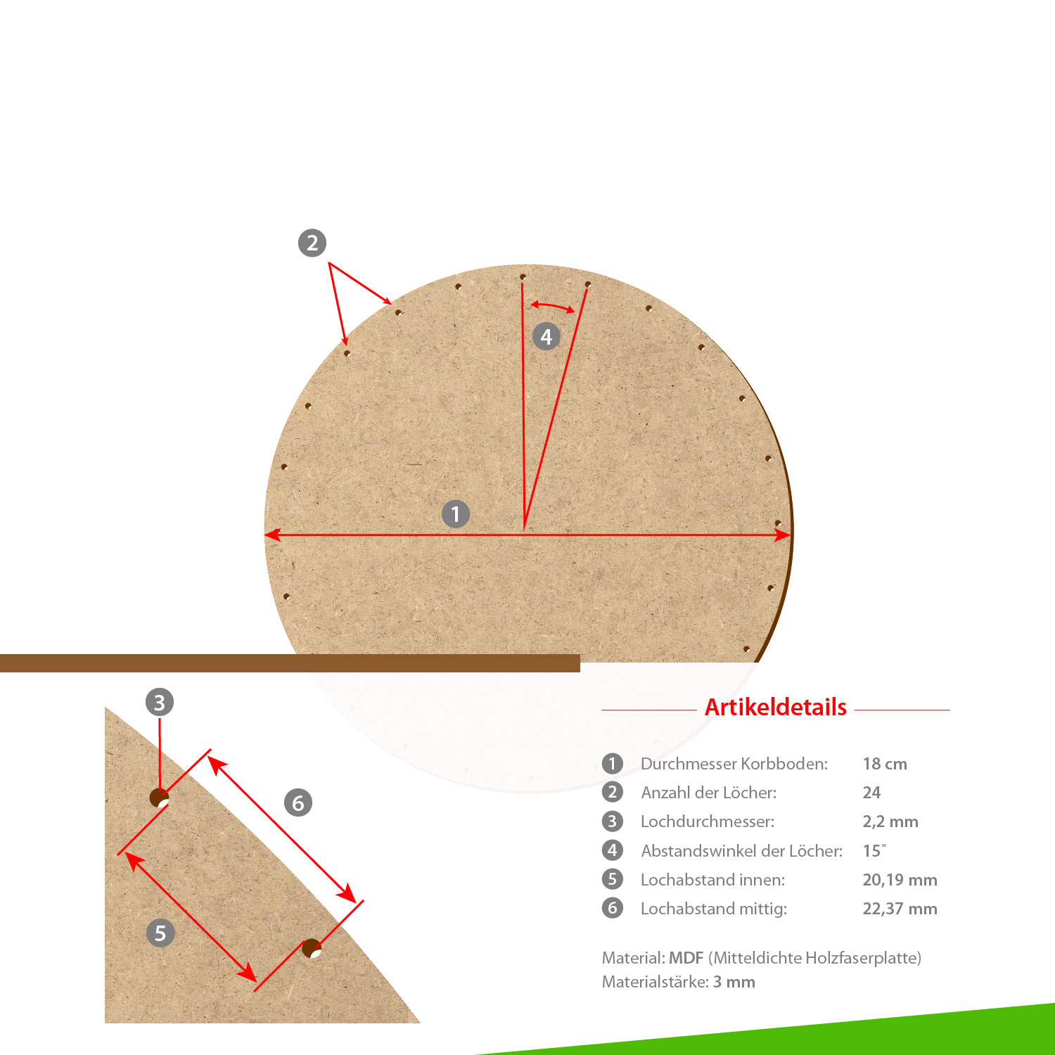 MDF Korbboden rund 18cm Durchmesser 24 Löcher mit Artikeldetails