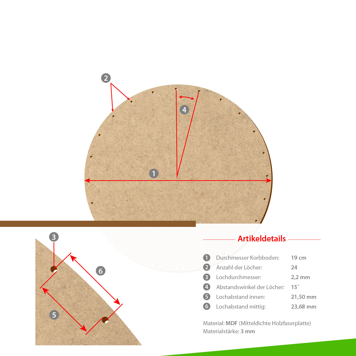 MDF Korbboden rund 19cm Durchmesser 24 Löcher mit Artikeldetails