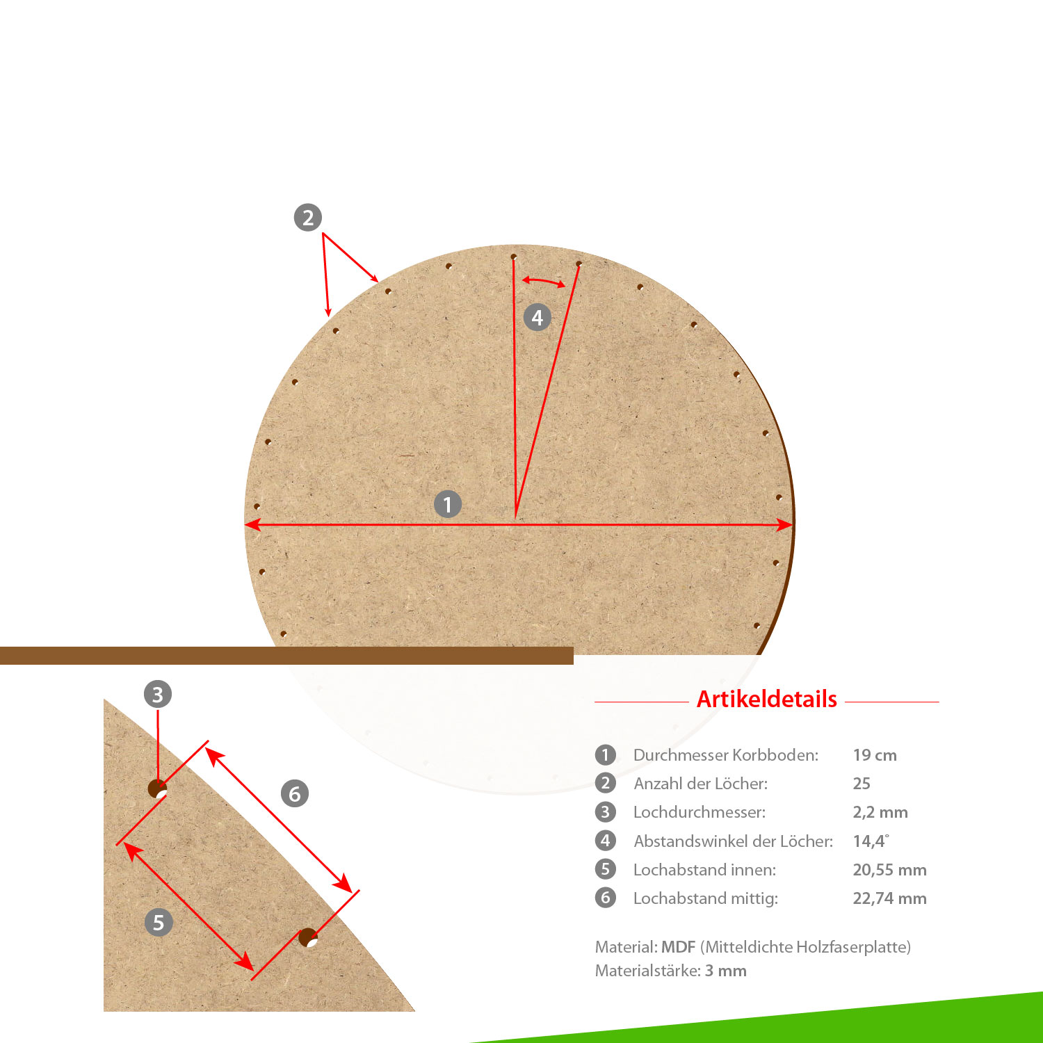 MDF Korbboden rund 19cm Durchmesser 25 Löcher mit Artikeldetails