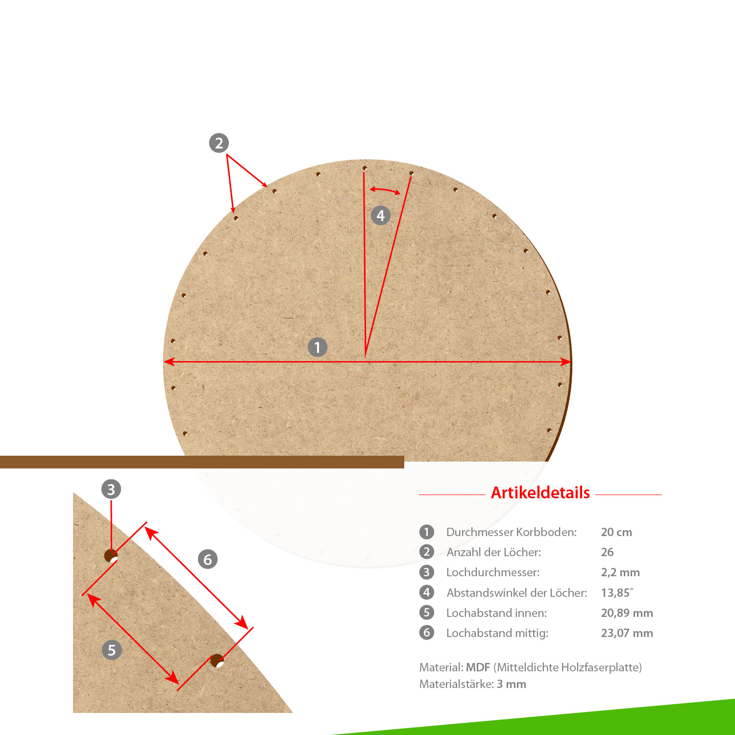 MDF Korbboden rund 20cm Durchmesser 26 Löcher mit Artikeldetails