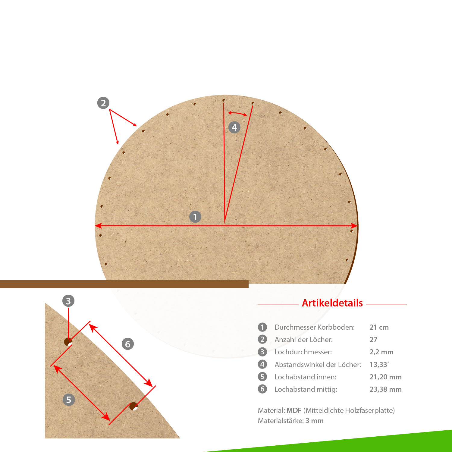 MDF Korbboden rund 21cm Durchmesser 27 Löcher mit Artikeldetails