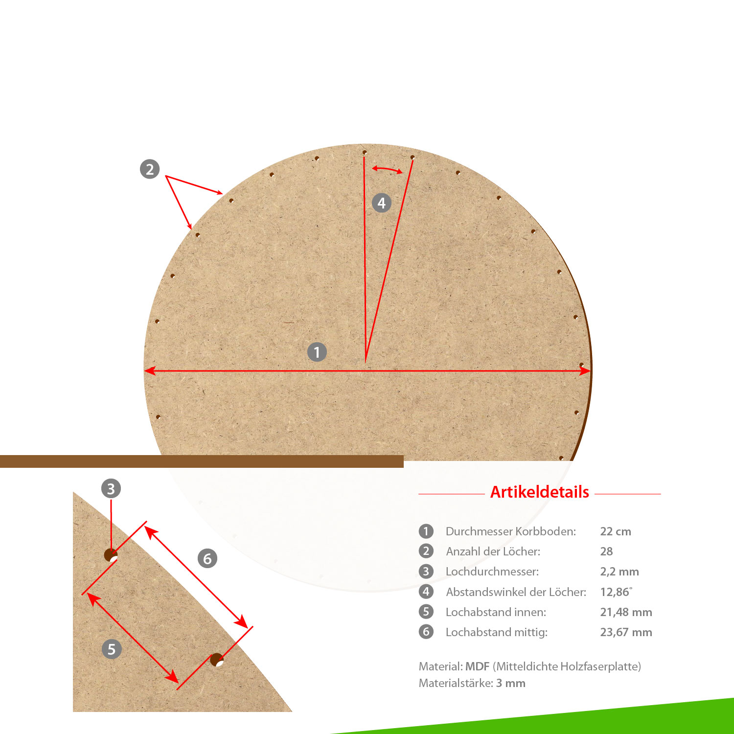 MDF Korbboden rund 22cm Durchmesser 28 Löcher mit Artikeldetails