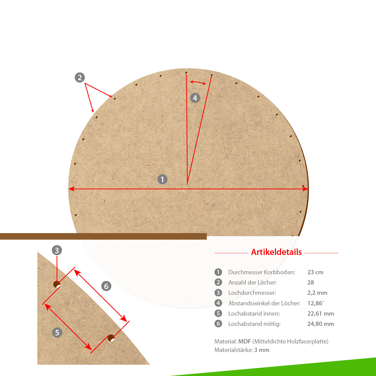 MDF Korbboden rund 23cm Durchmesser 28 Löcher mit Artikeldetails