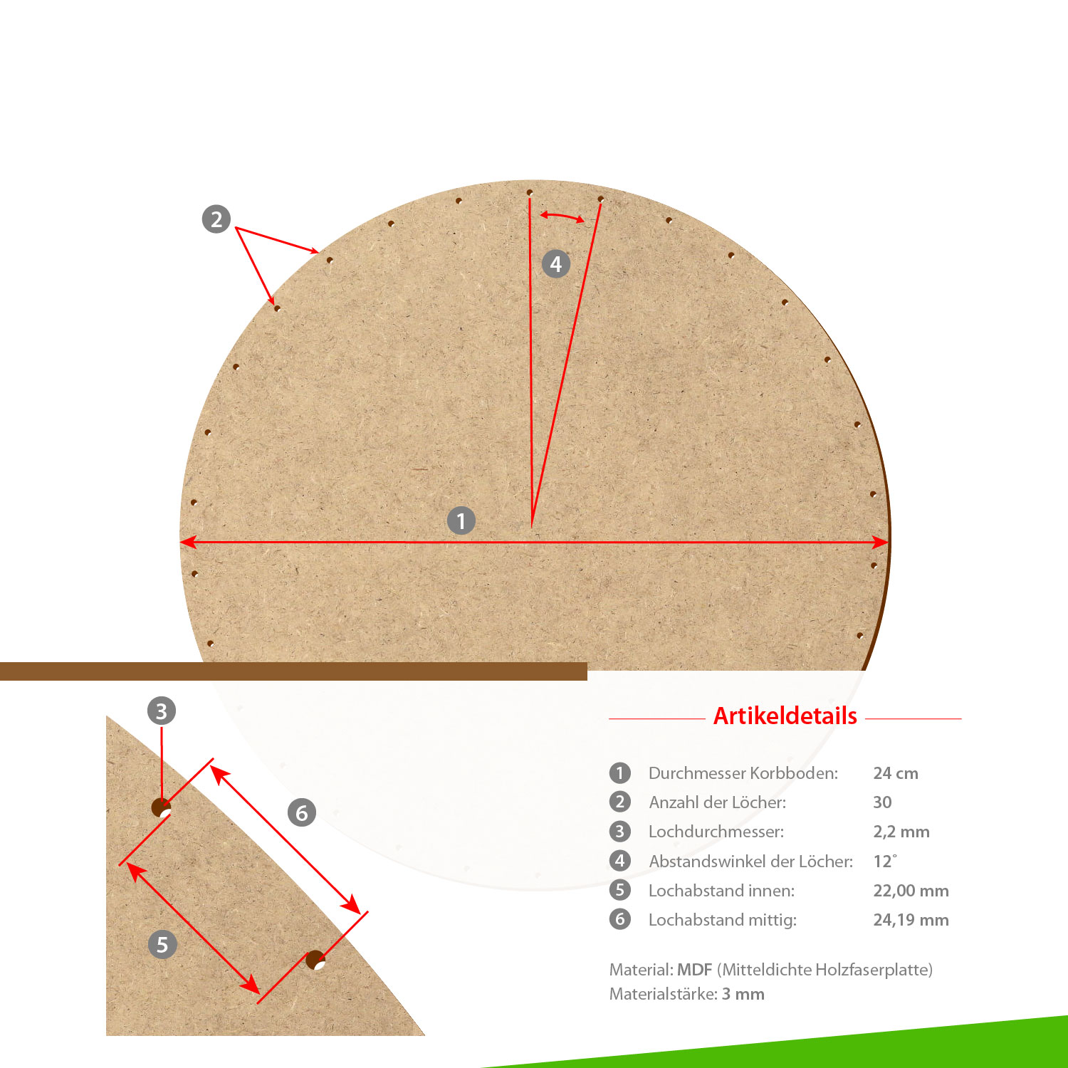 MDF Korbboden rund 24cm Durchmesser 30 Löcher mit Artikeldetails