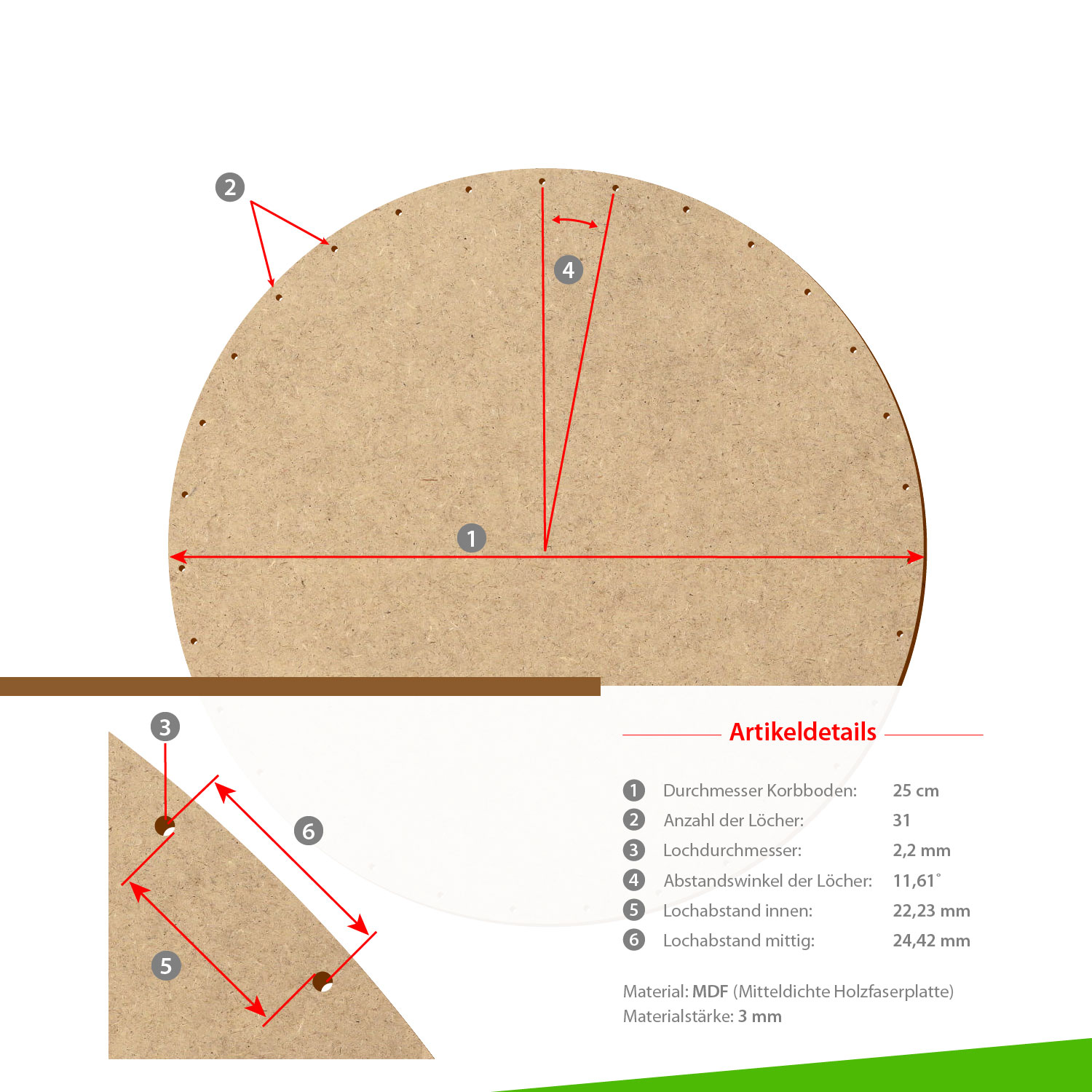 MDF Korbboden rund 25cm Durchmesser 31 Löcher mit Artikeldetails