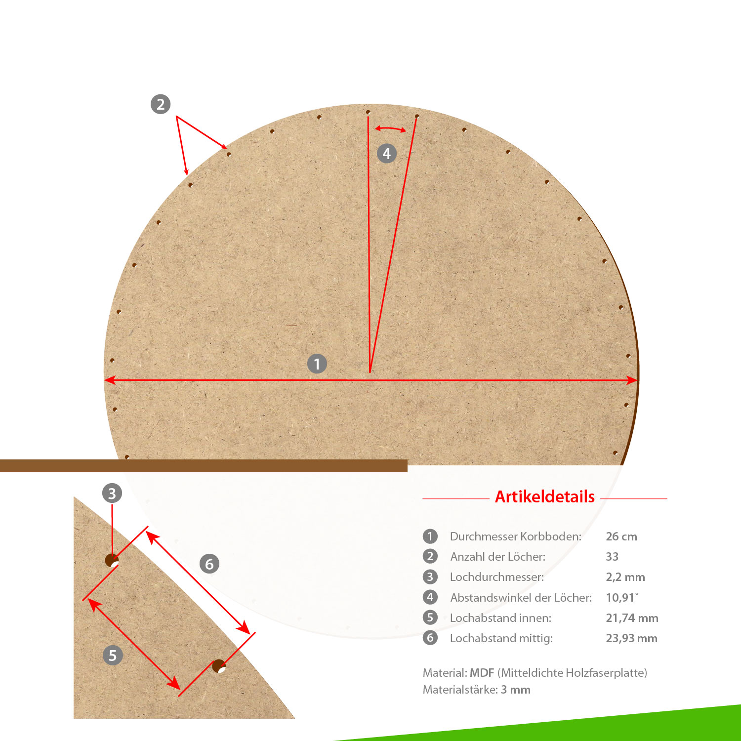 MDF Korbboden rund 26cm Durchmesser 33 Löcher mit Artikeldetails