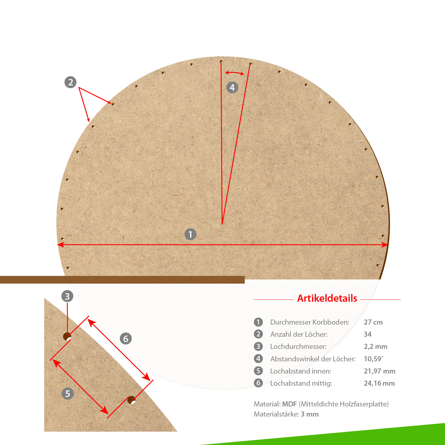 MDF Korbboden rund 27cm Durchmesser 34 Löcher mit Artikeldetails
