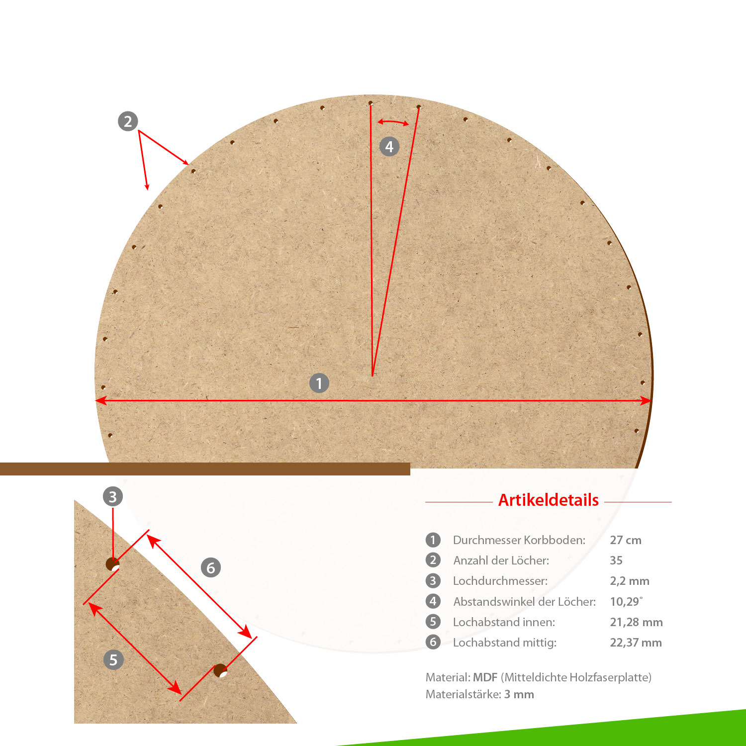 MDF Korbboden rund 27cm Durchmesser 35 Löcher mit Artikeldetails