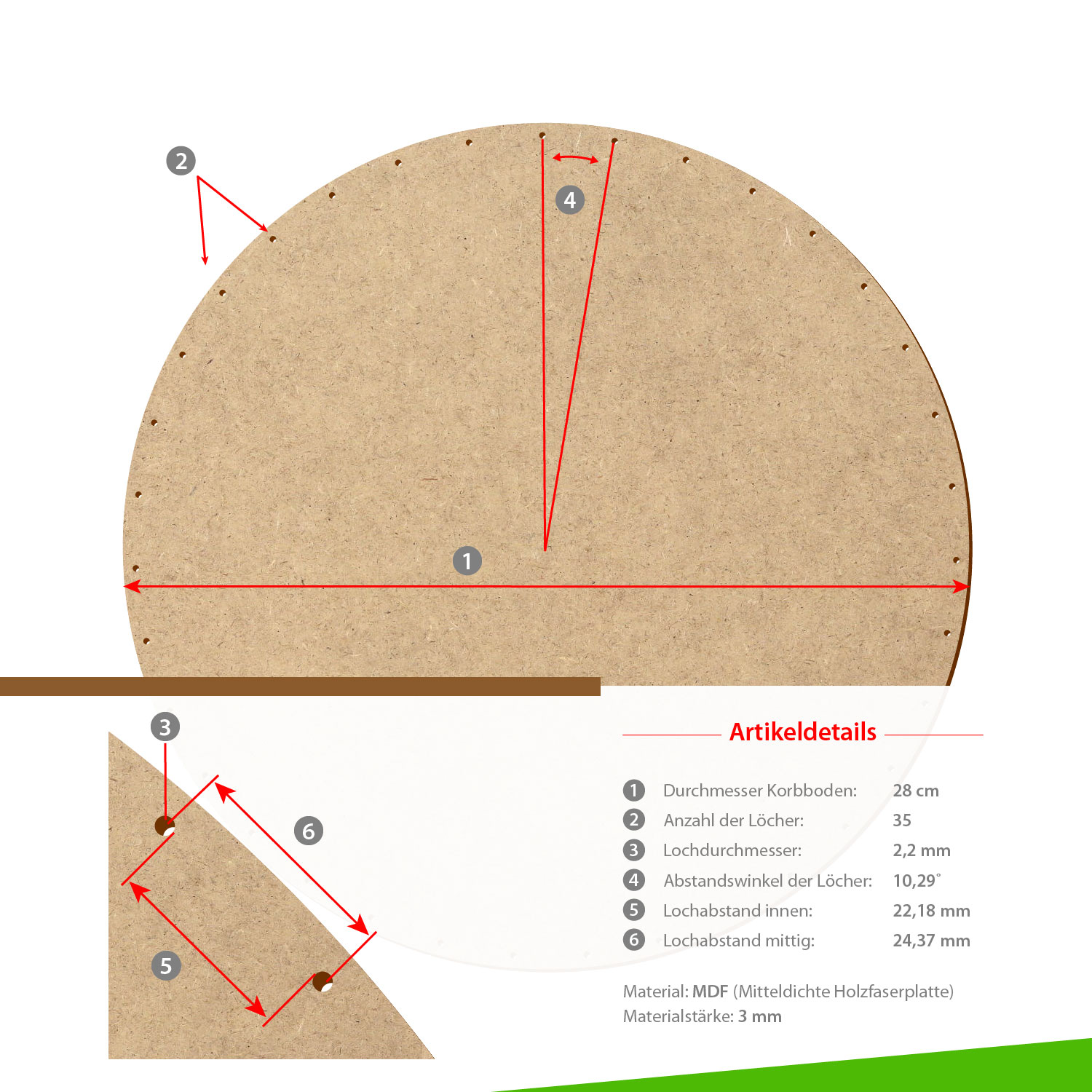 MDF Korbboden rund 28cm Durchmesser 35 Löcher mit Artikeldetails