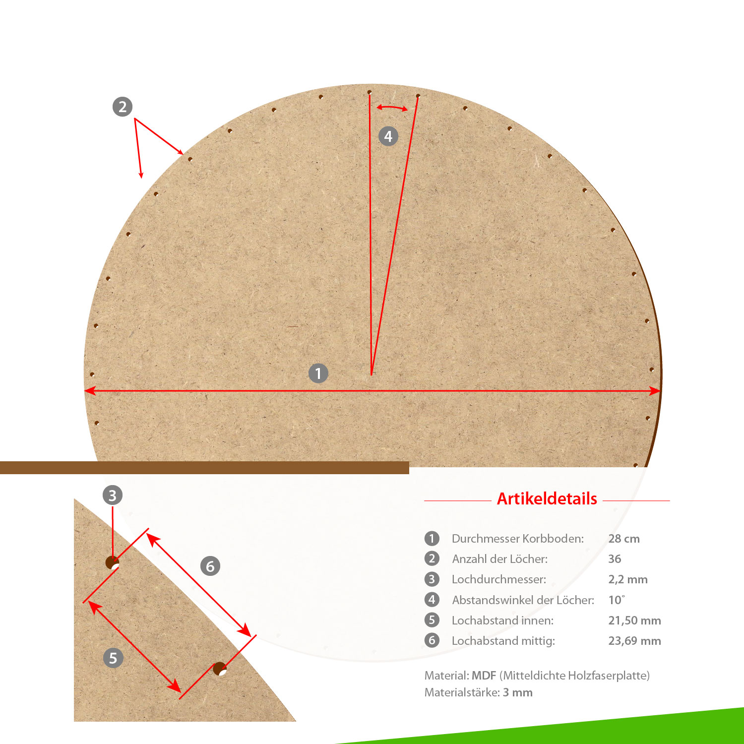 MDF Korbboden rund 28cm Durchmesser 36 Löcher mit Artikeldetails