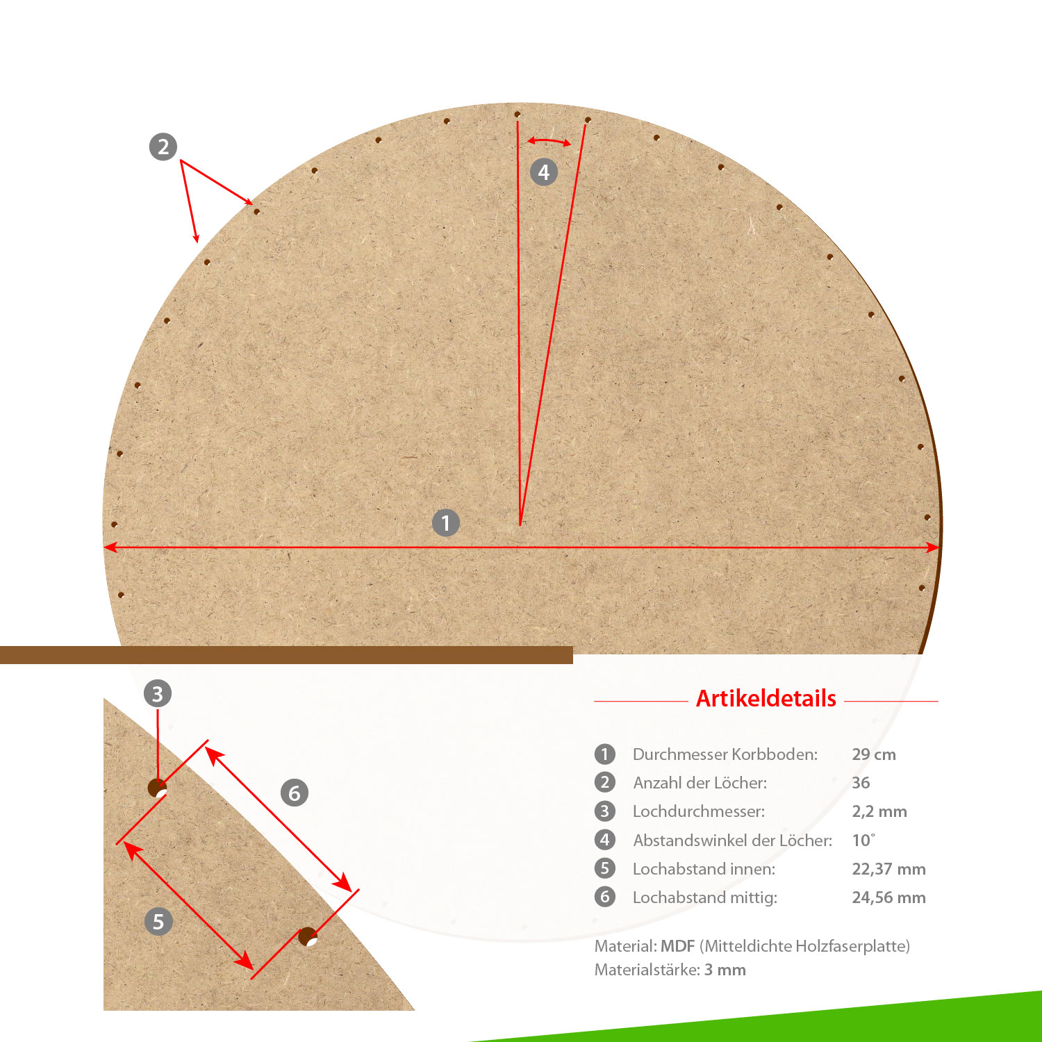 MDF Korbboden rund 29cm Durchmesser 36 Löcher mit Artikeldetails