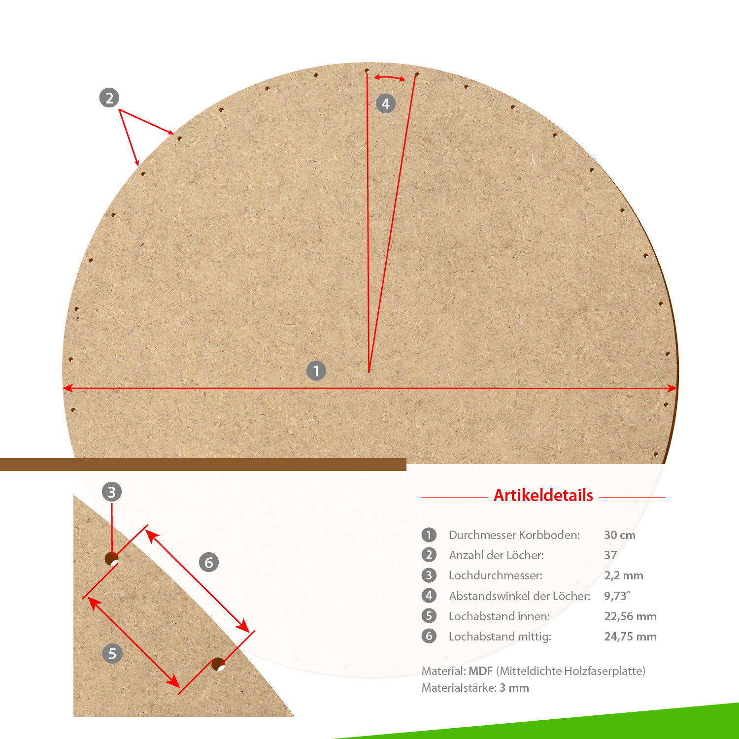 MDF Korbboden rund 30cm Durchmesser 37 Löcher mit Artikeldetails