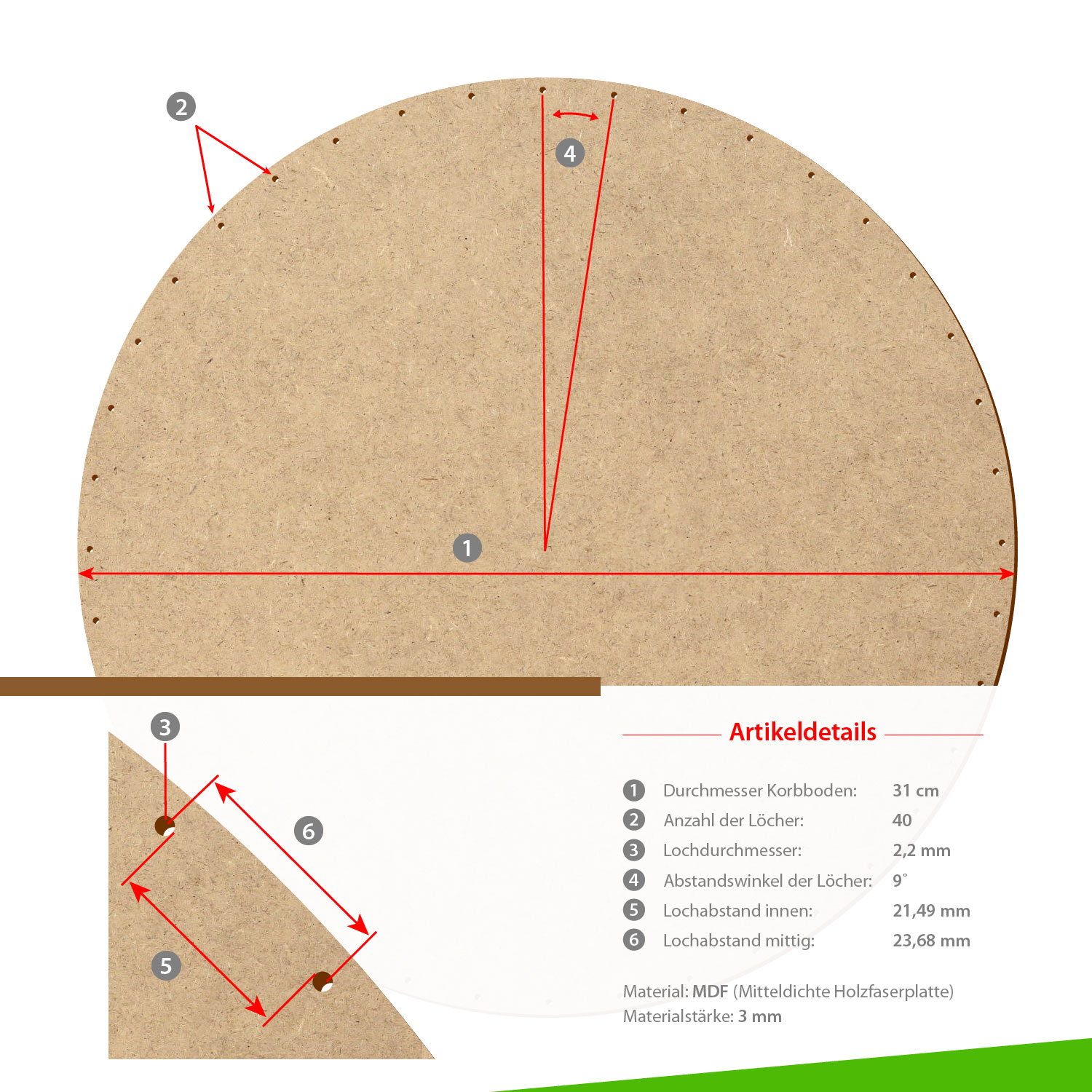 MDF Korbboden rund 31cm Durchmesser 40 Löcher mit Artikeldetails