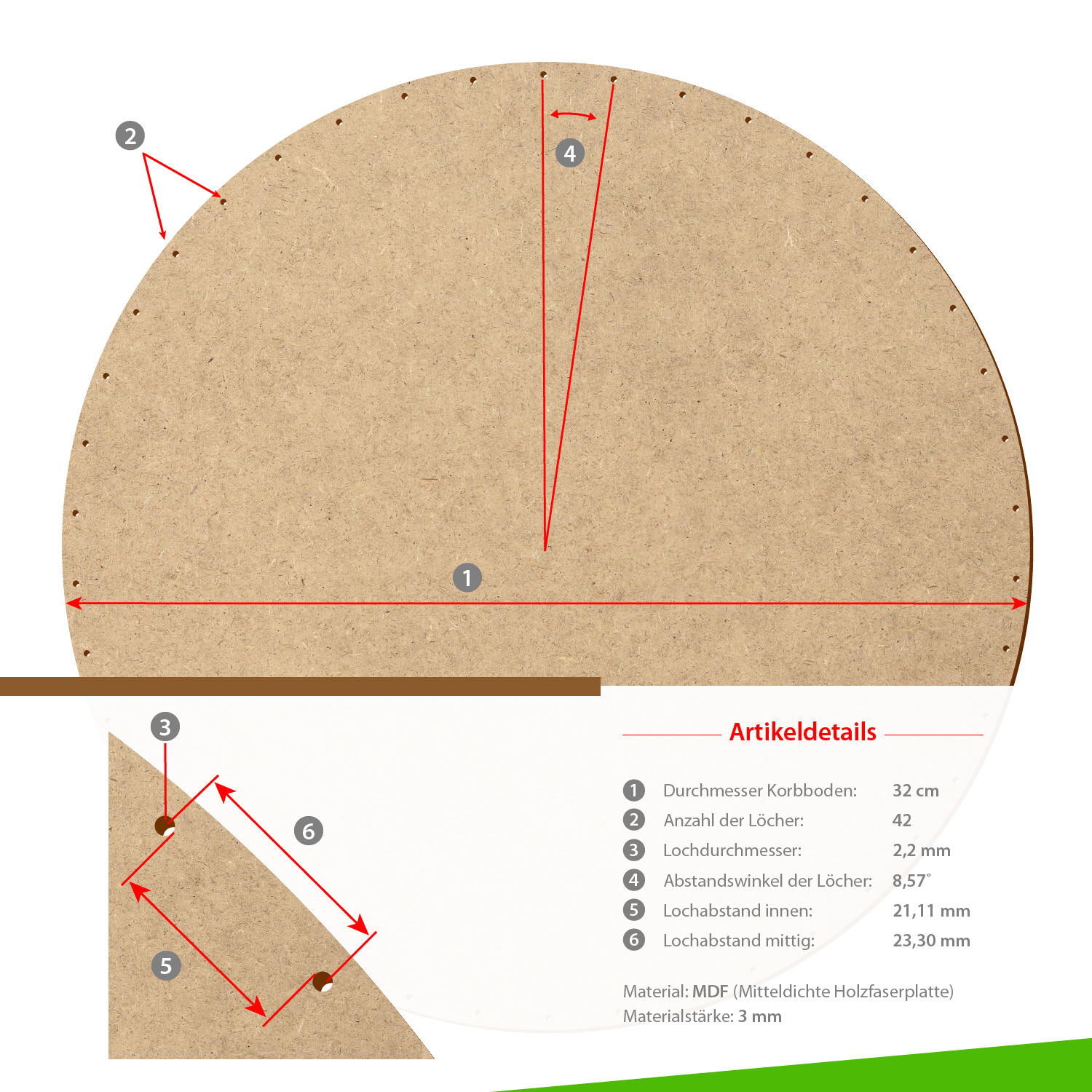MDF Korbboden rund 32cm Durchmesser 42 Löcher mit Artikeldetails