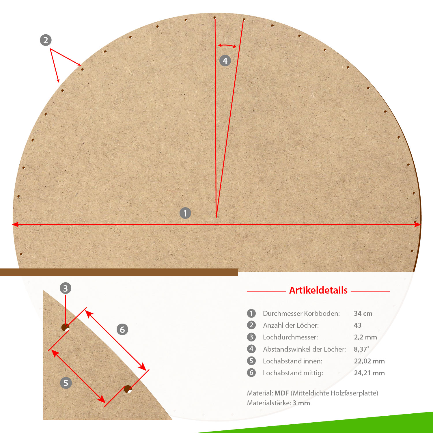MDF Korbboden rund 34cm Durchmesser 43 Löcher mit Artikeldetails