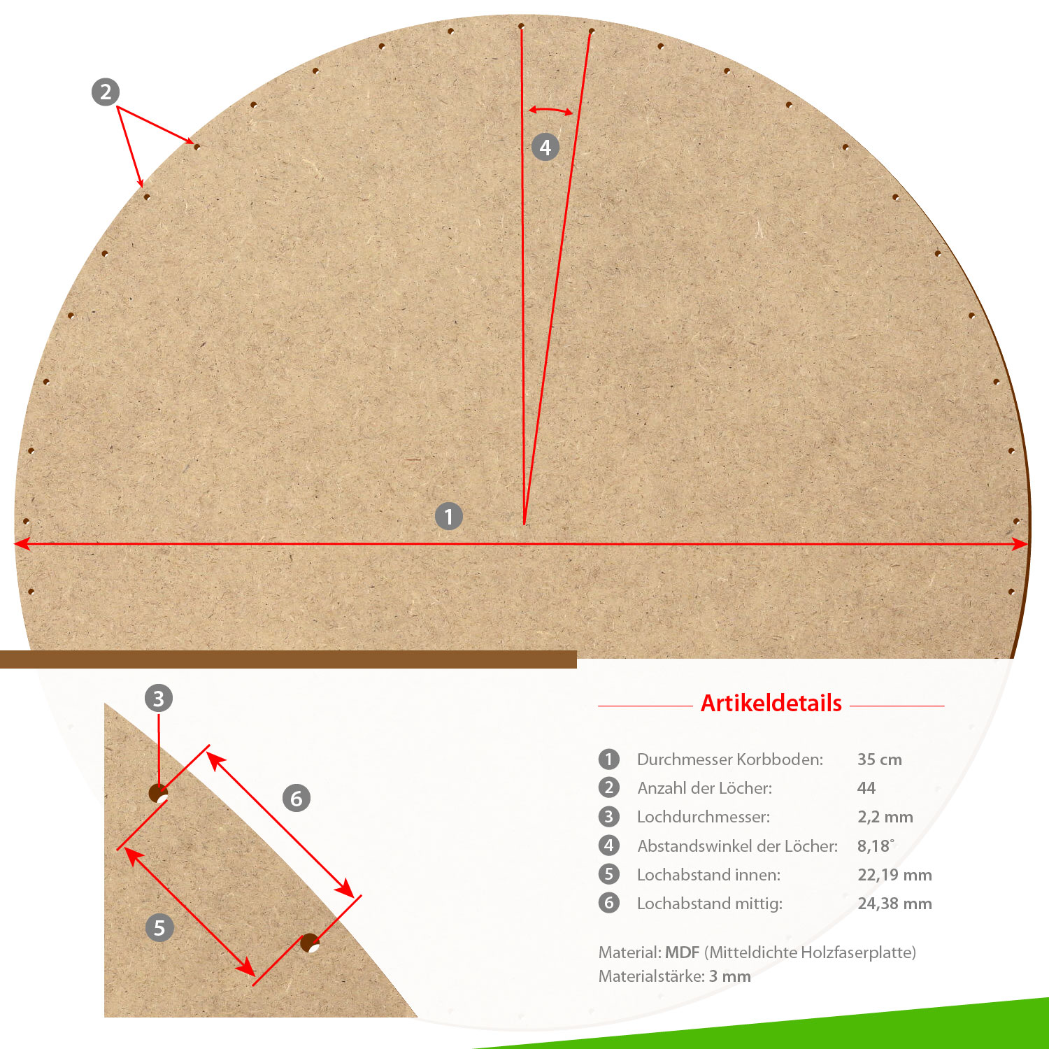MDF Korbboden rund 35cm Durchmesser 44 Löcher mit Artikeldetails