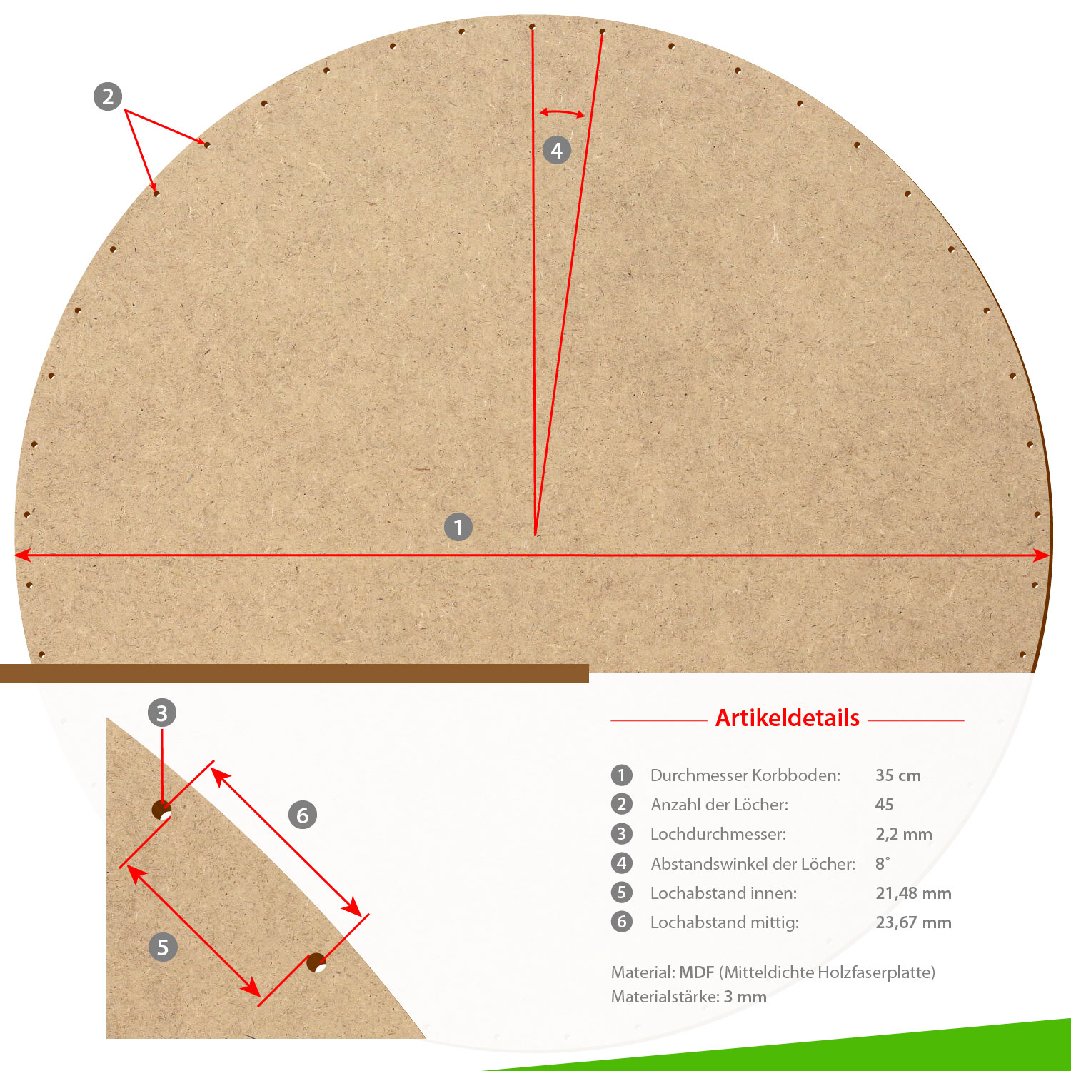 MDF Korbboden rund 35cm Durchmesser 45 Löcher mit Artikeldetails