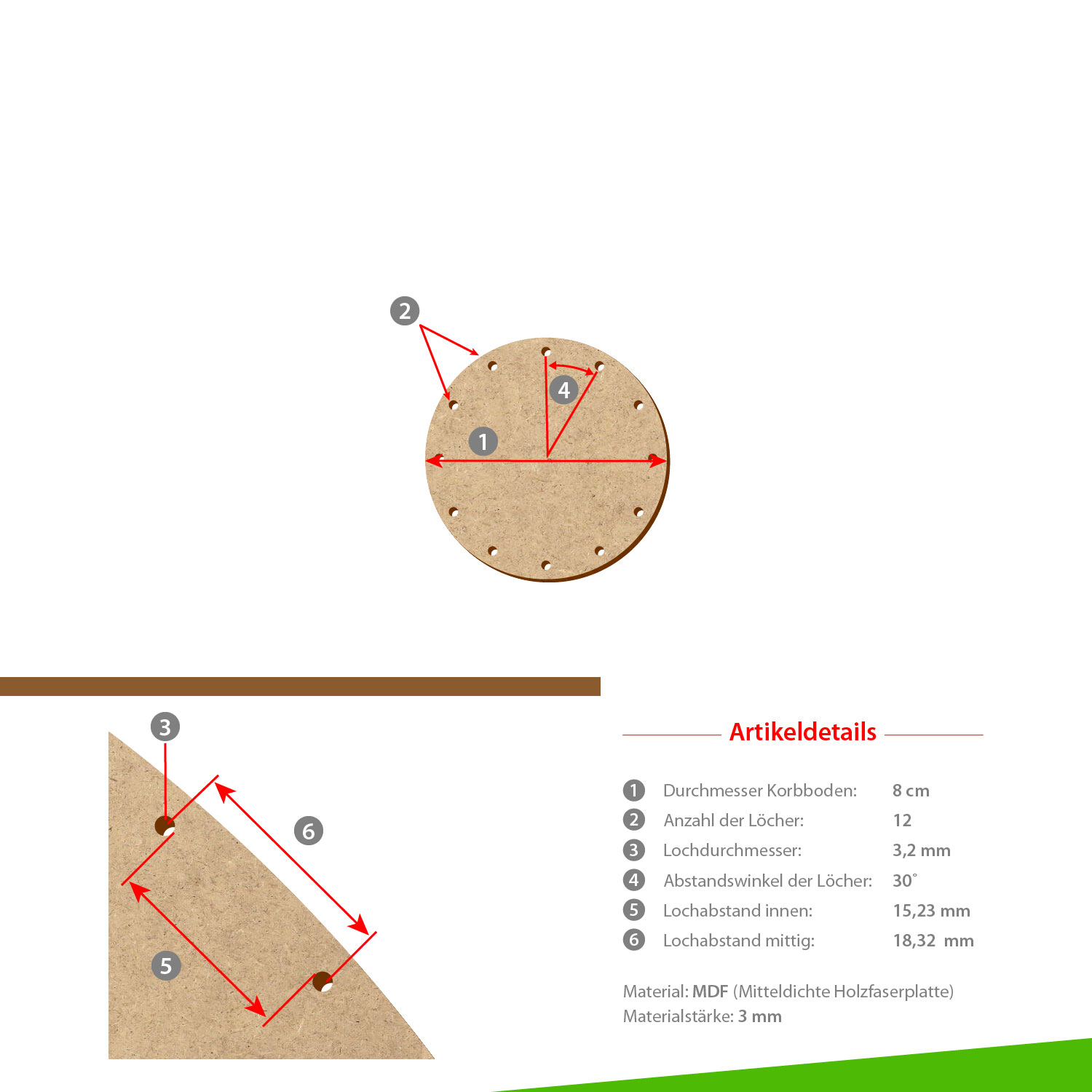 MDF Korbboden rund 8cm Durchmesser 12 Löcher mit Artikeldetails