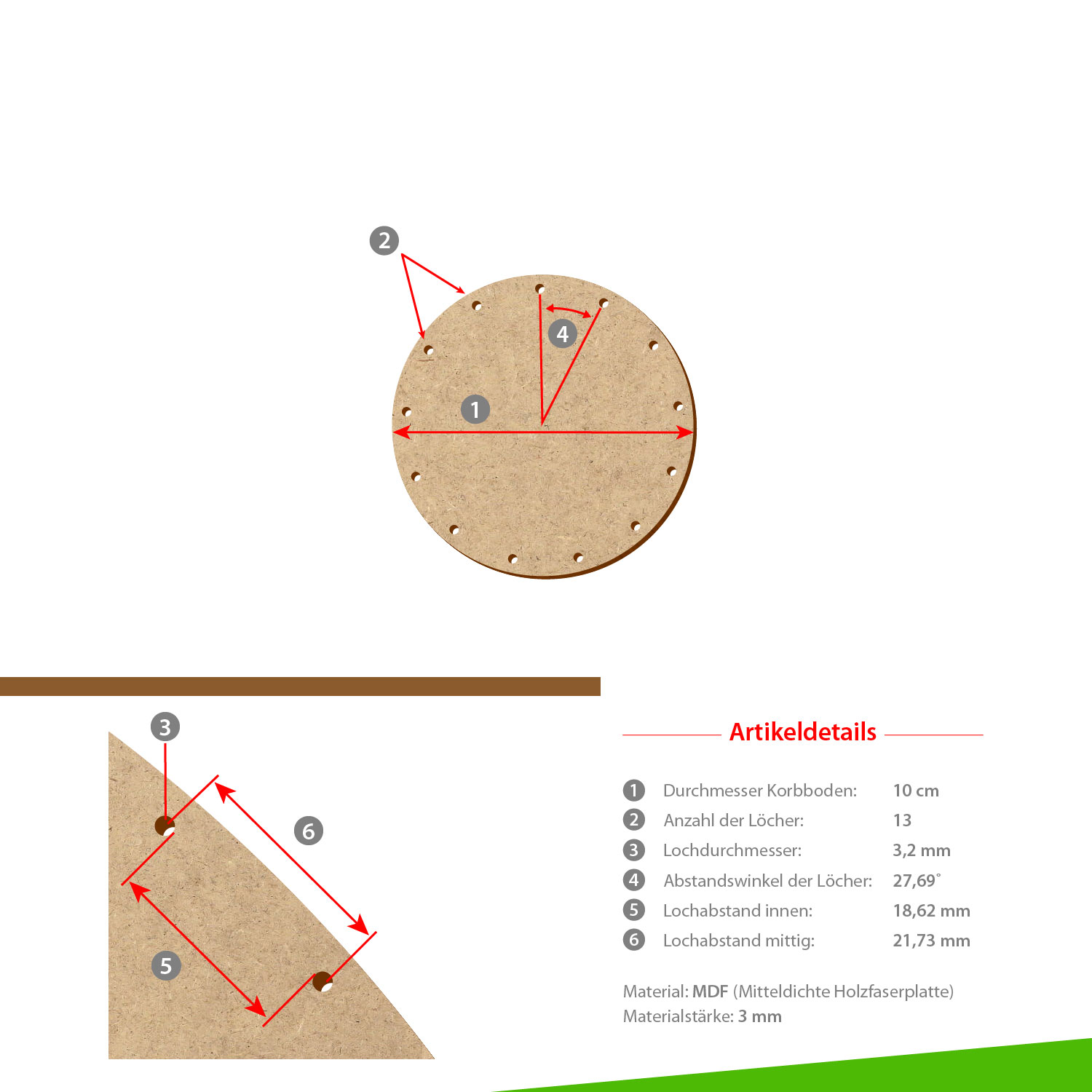 MDF Korbboden rund 10 cm Durchmesser 13 Löcher mit Artikeldetails