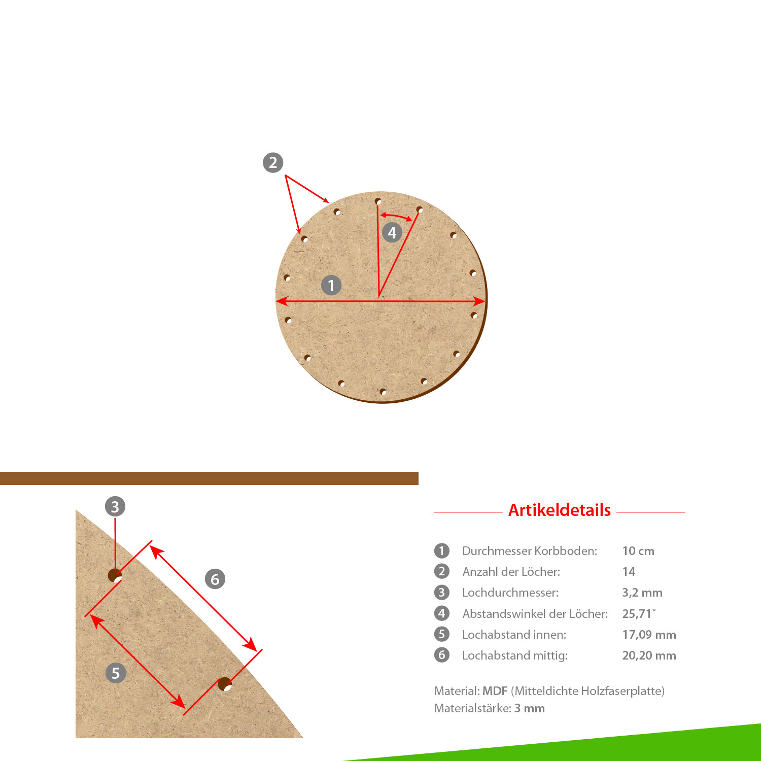 MDF Korbboden rund 10 cm Durchmesser 14 Löcher mit Artikeldetails