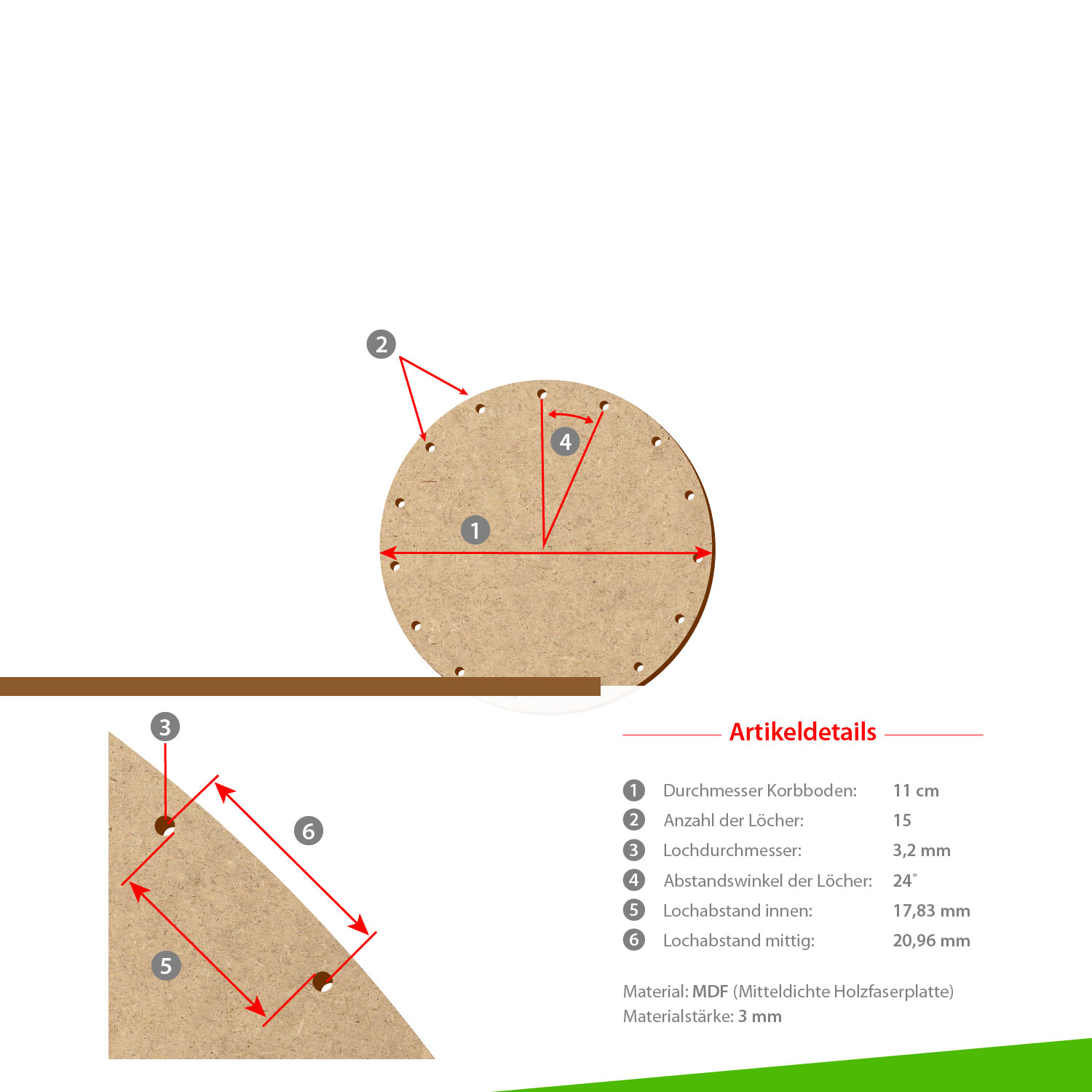 MDF Korbboden rund 11 cm Durchmesser 15 Löcher mit Artikeldetails