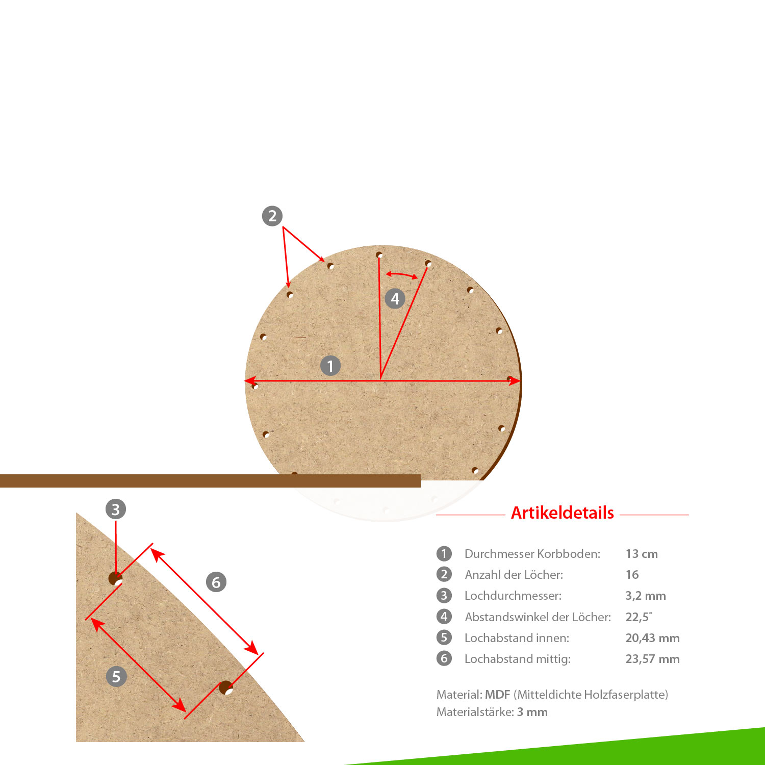 MDF Korbboden rund 13 cm Durchmesser 16 Löcher mit Artikeldetails