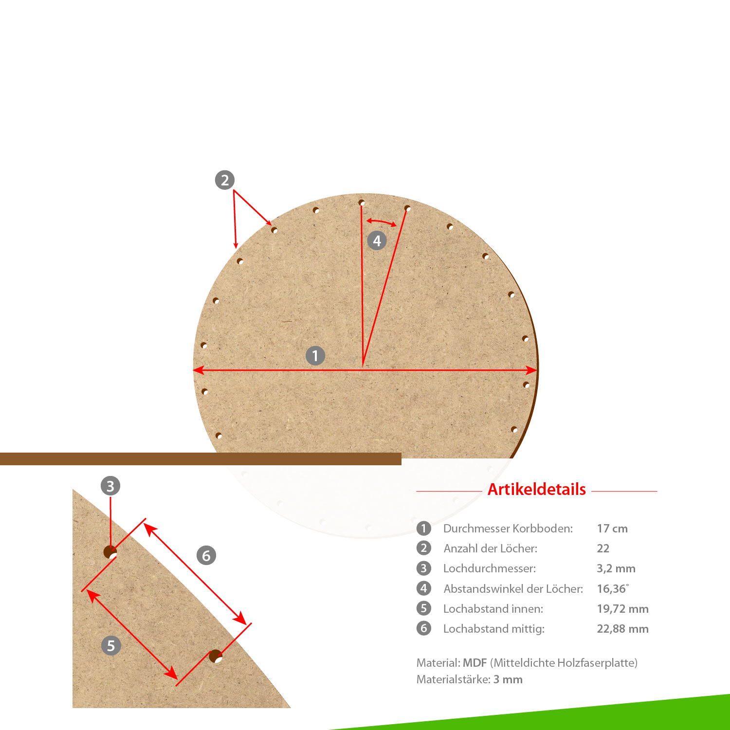 MDF Korbboden rund 17 cm Durchmesser 22 Löcher mit Artikeldetails