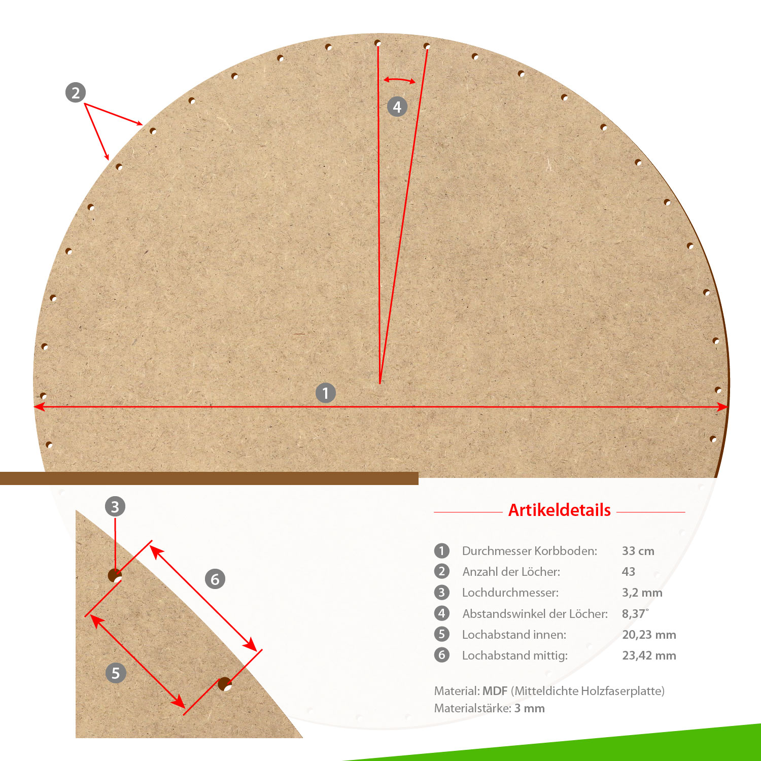MDF Korbboden rund 33 cm Durchmesser 43 Löcher mit Artikeldetails