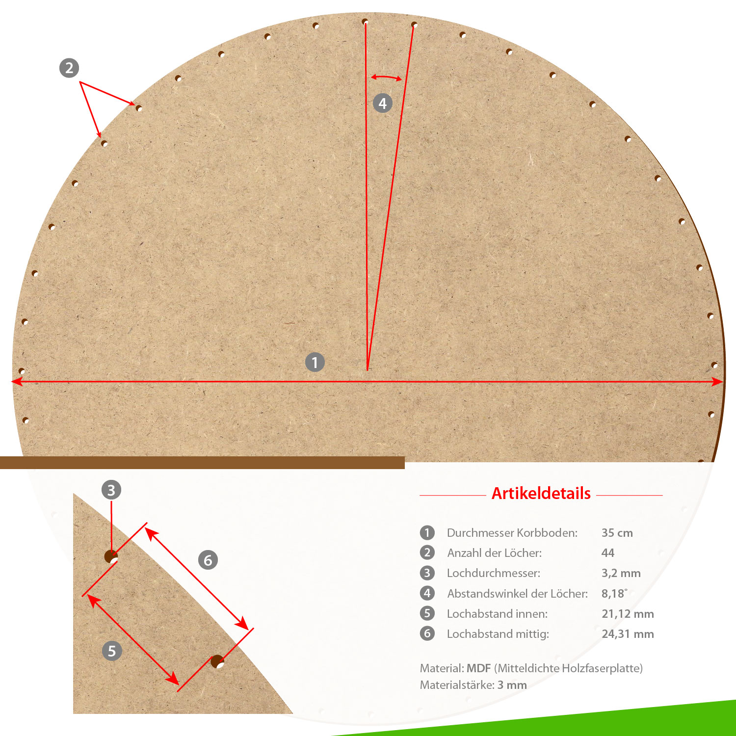 MDF Korbboden rund 35 cm Durchmesser 44 Löcher mit Artikeldetails