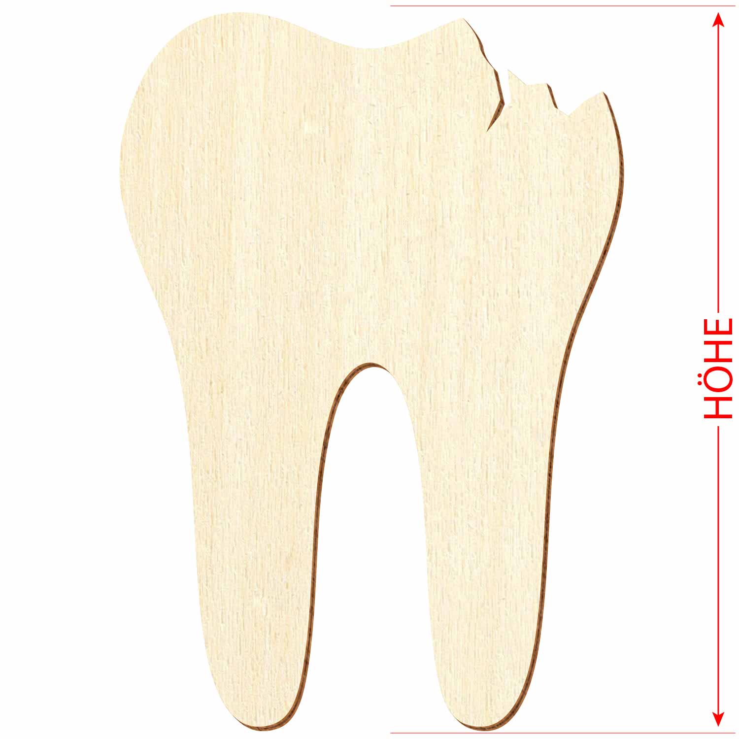 Silhouette eines abgebrochenen Zahns aus Holz mit Höhenmaß