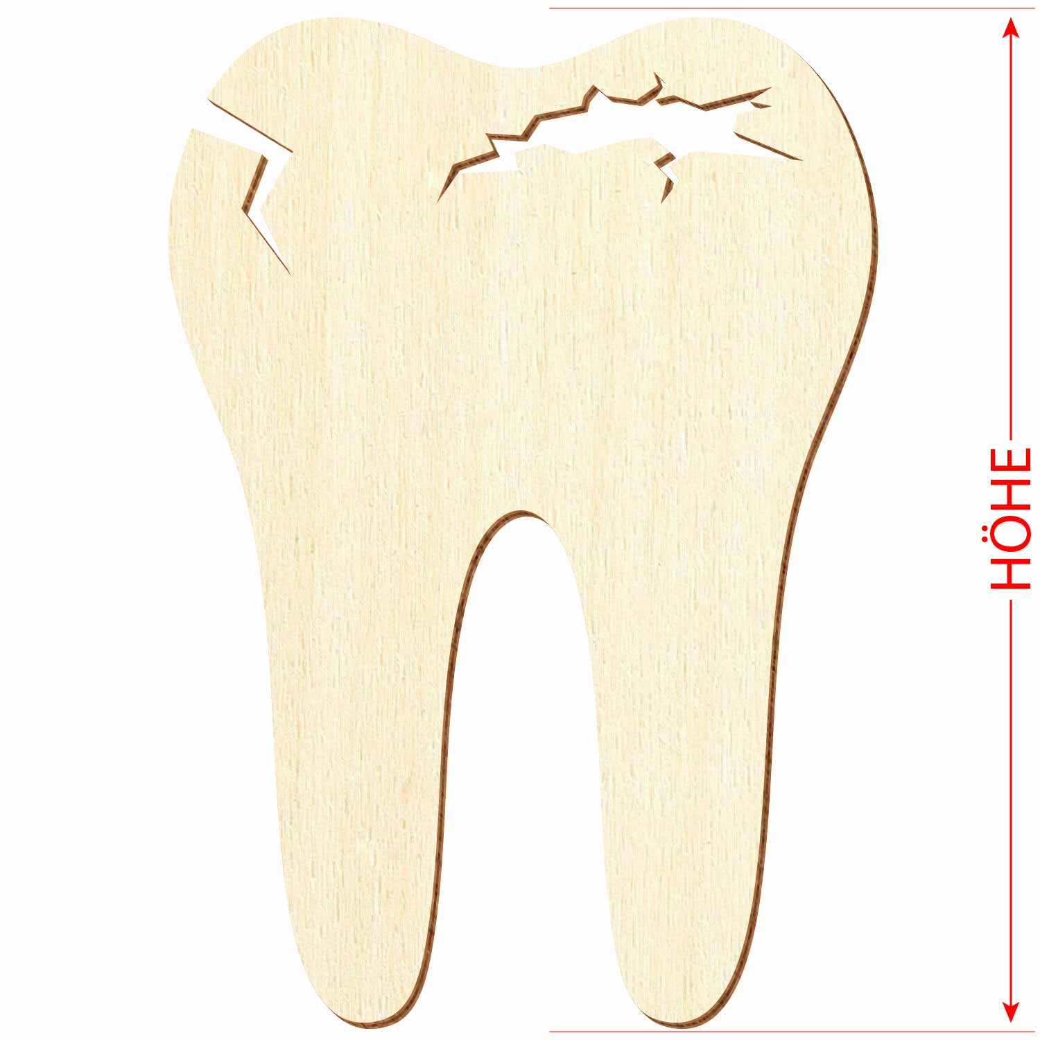 Silhouette eines kaputten Zahns aus Holz mit Höhenmaß