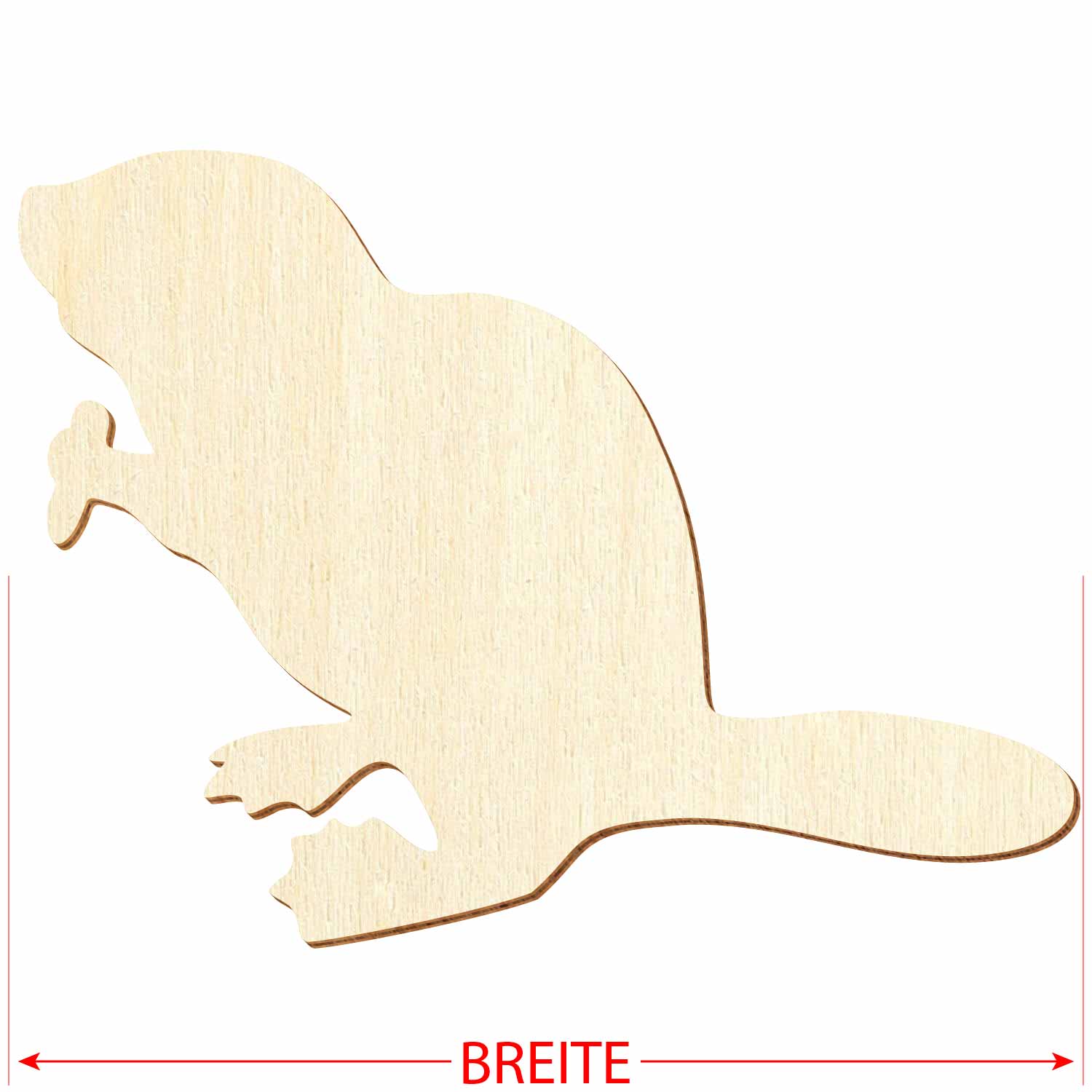 Sperrholzsilhouette eines Bibers mit Referenzmaßhinweis Breite