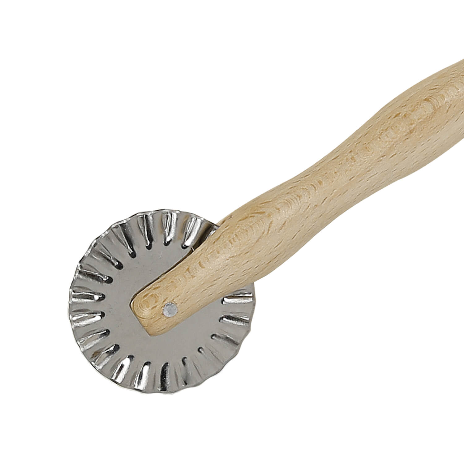 Bütic Teigrädchen mit gewelltem Metallrad und Handgriff aus Buchenholz schräge Ansicht des Metallrades
