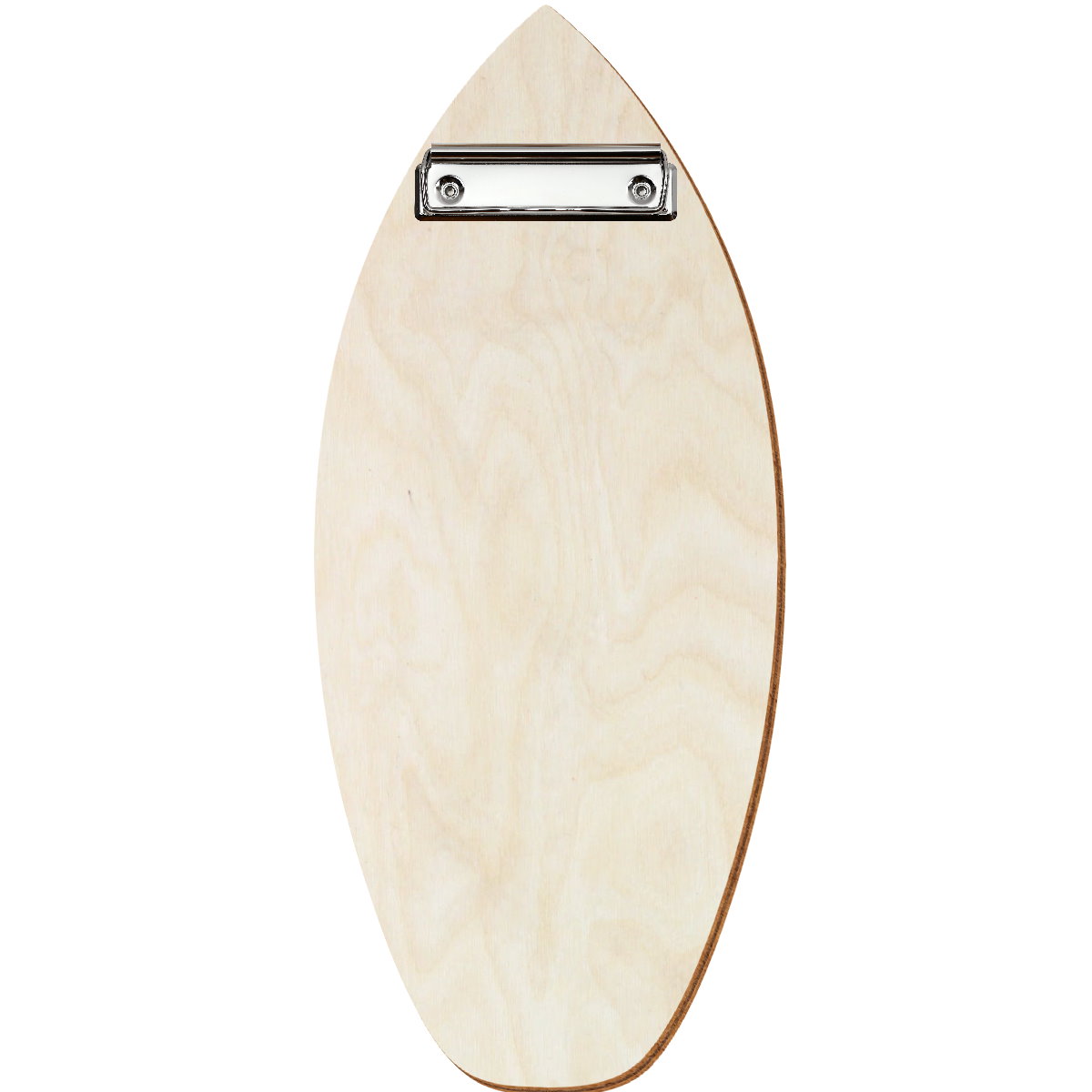 Holz Klemmbrett in Surfbrettform für Barformat 110 x 300 mm, Birke natur, Birkensperrholz, Bügelklemme silber