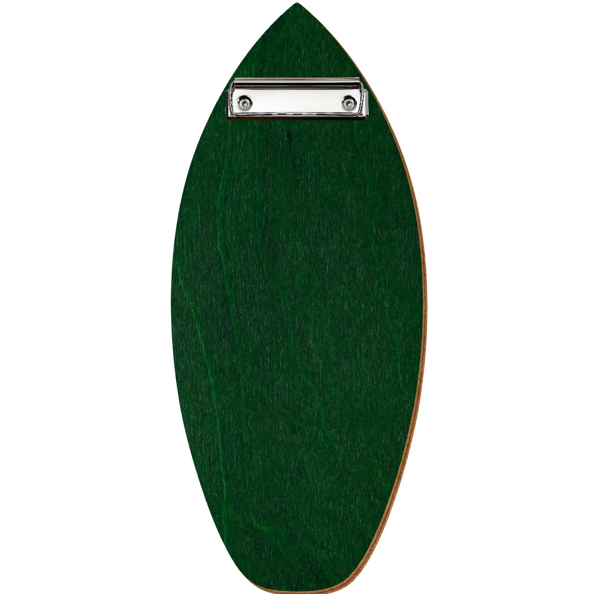 Holz Klemmbrett in Surfbrettform für Barformat 110 x 300 mm, Dunkelgrün, Birkensperrholz, Bügelklemme silber
