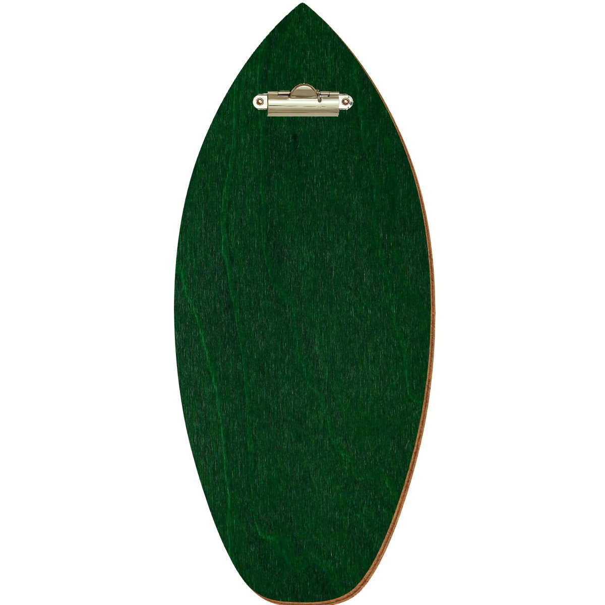 Holz Klemmbrett in Surfbrettform für Barformat 110 x 300 mm, Dunkelgrün, Birkensperrholz, Zahnklemme gold