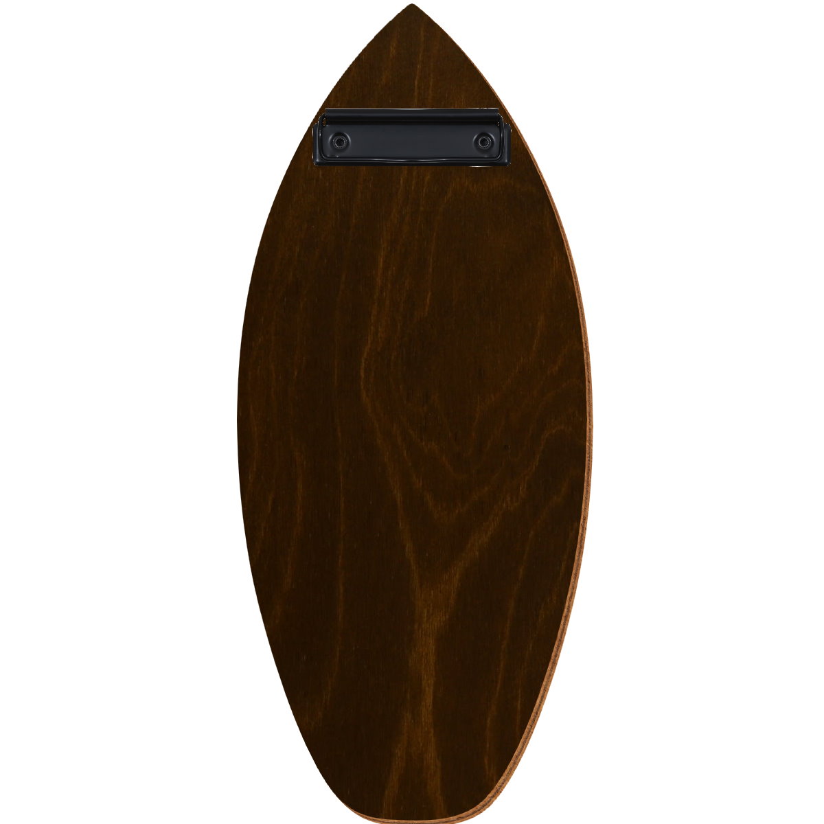 Holz Klemmbrett in Surfbrettform für Barformat 110 x 300 mm, Eiche dunkel, Birkensperrholz, Bügelklemme schwarz