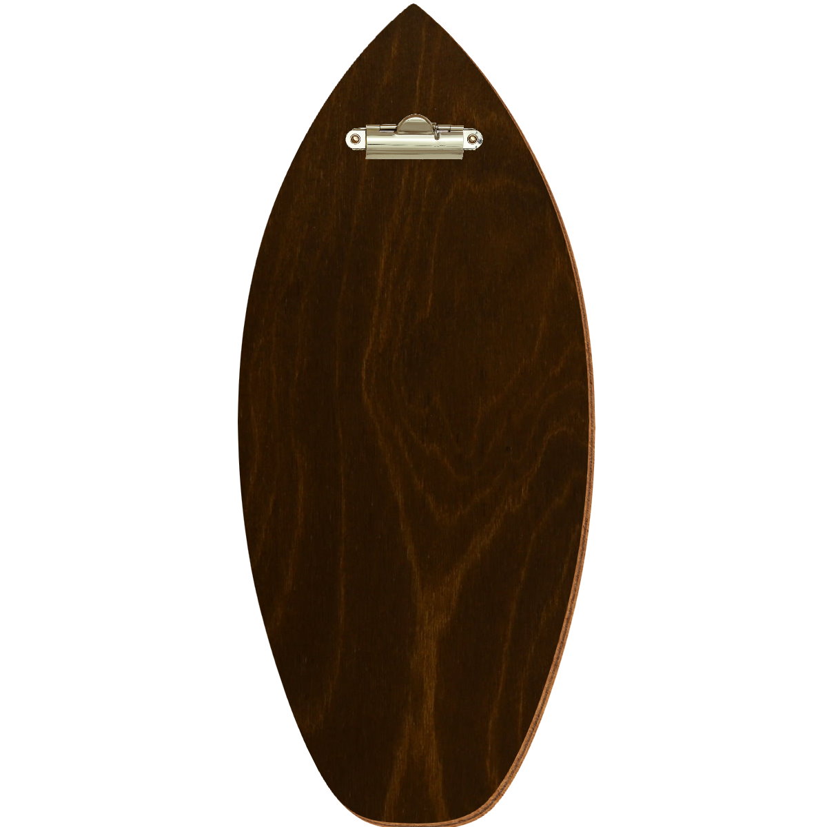 Holz Klemmbrett in Surfbrettform für Barformat 110 x 300 mm, Eiche dunkel, Birkensperrholz, Zahnklemme gold