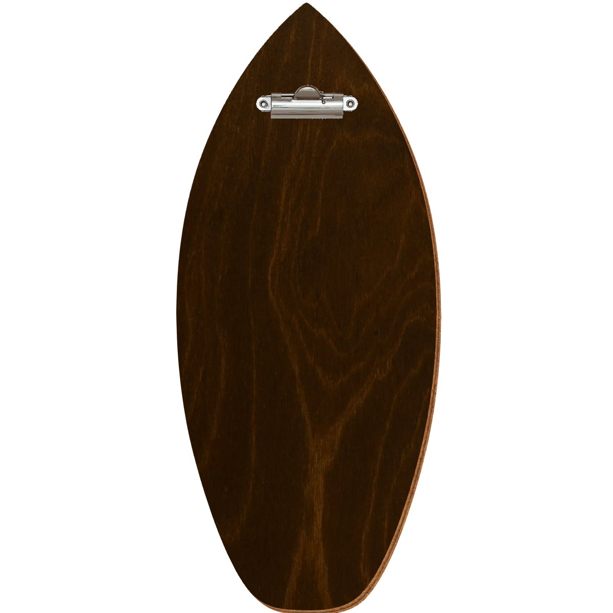 Holz Klemmbrett in Surfbrettform für Barformat 110 x 300 mm, Eiche dunkel, Birkensperrholz, Zahnklemme silber