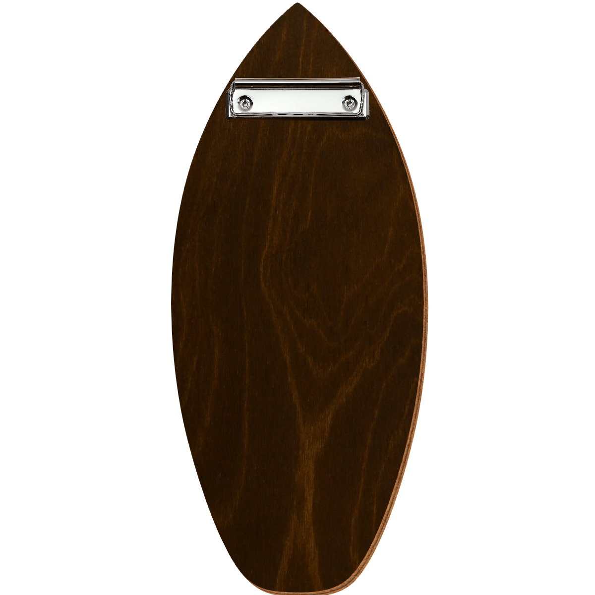 Holz Klemmbrett in Surfbrettform für Barformat 110 x 300 mm, Eiche dunkel, Birkensperrholz, Bügelklemme silber