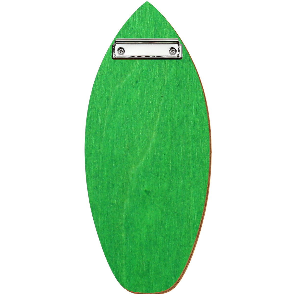 Holz Klemmbrett in Surfbrettform für Barformat 110 x 300 mm, Hellgrün, Birkensperrholz, Bügelklemme silber