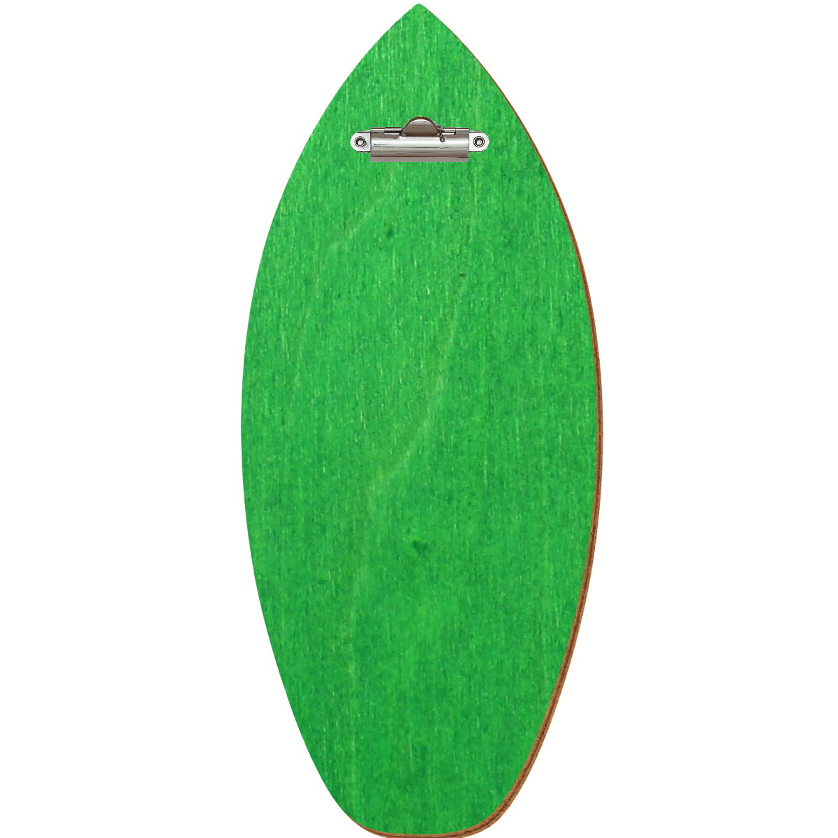 Holz Klemmbrett in Surfbrettform für Barformat 110 x 300 mm, Hellgrün, Birkensperrholz, Zahnklemme silber