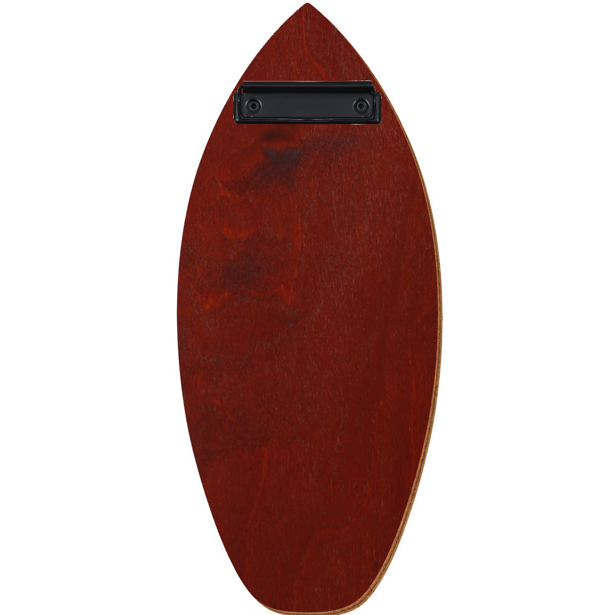 Holz Klemmbrett in Surfbrettform für Barformat 110 x 300 mm, Kirschbaum dunkel, Birkensperrholz, Bügelklemme schwarz