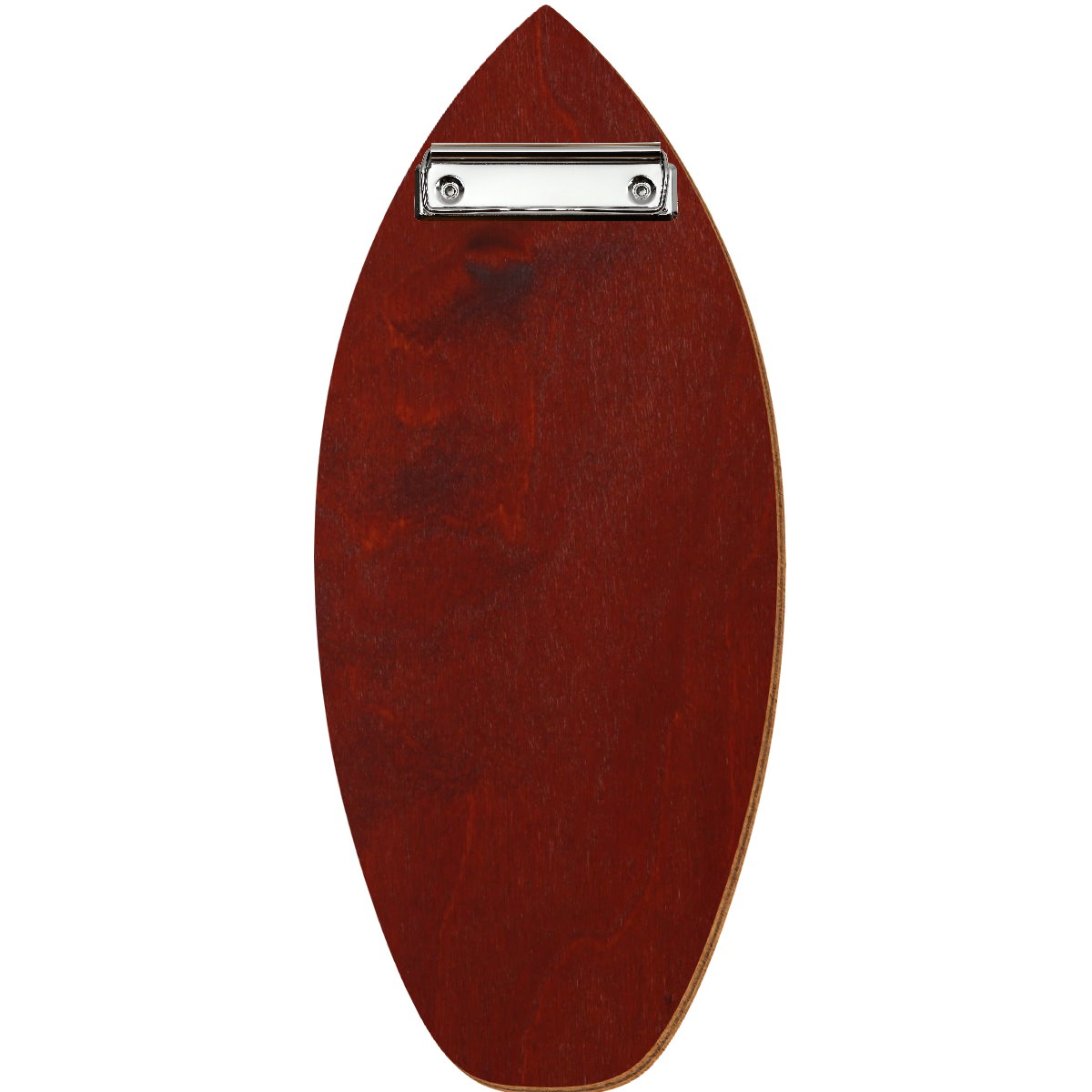 Holz Klemmbrett in Surfbrettform für Barformat 110 x 300 mm, Kirschbaum dunkel, Birkensperrholz, Bügelklemme silber